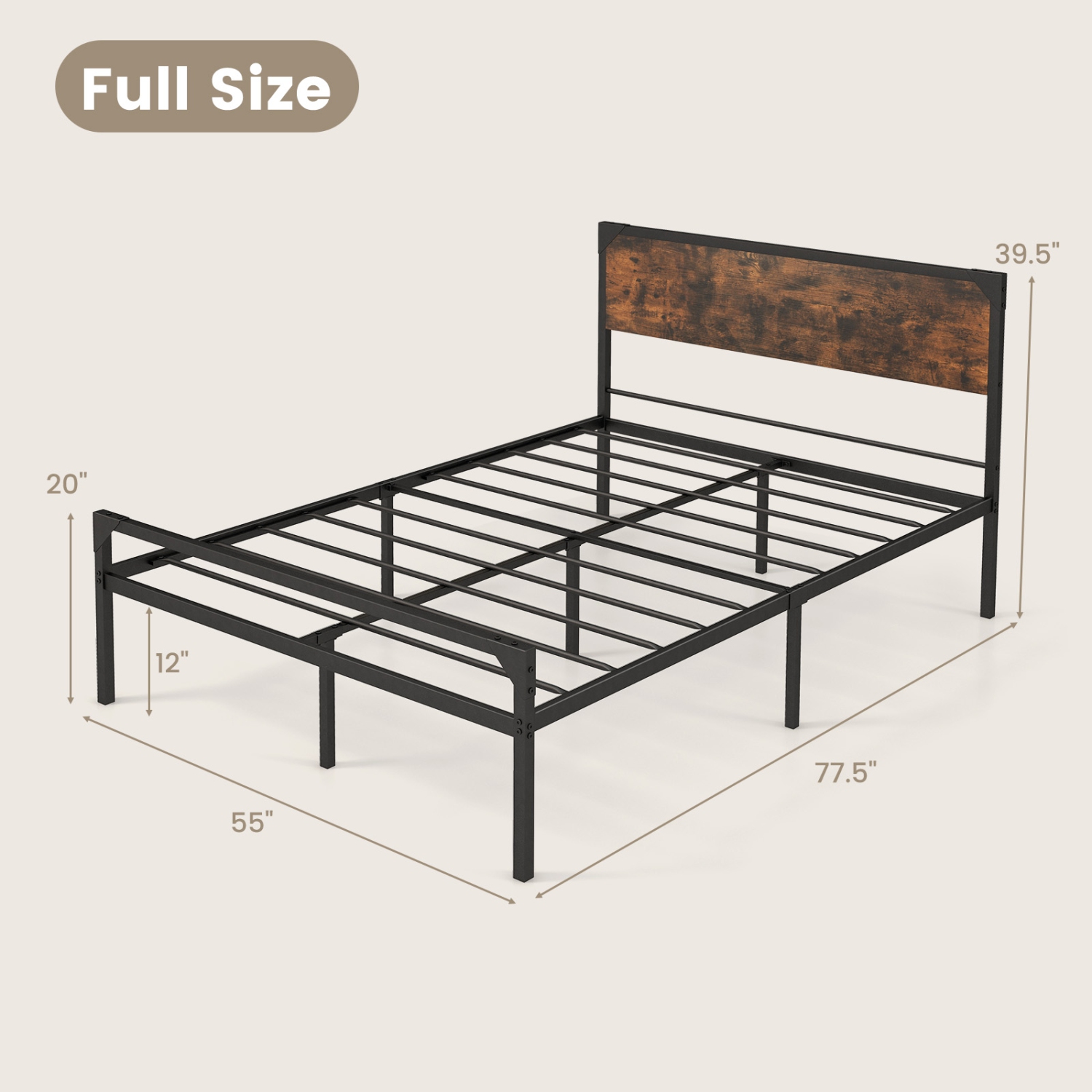 Costway Platform Queen/Full Bed with Rustic Headboard & Footboard Strong Metal Slat Support