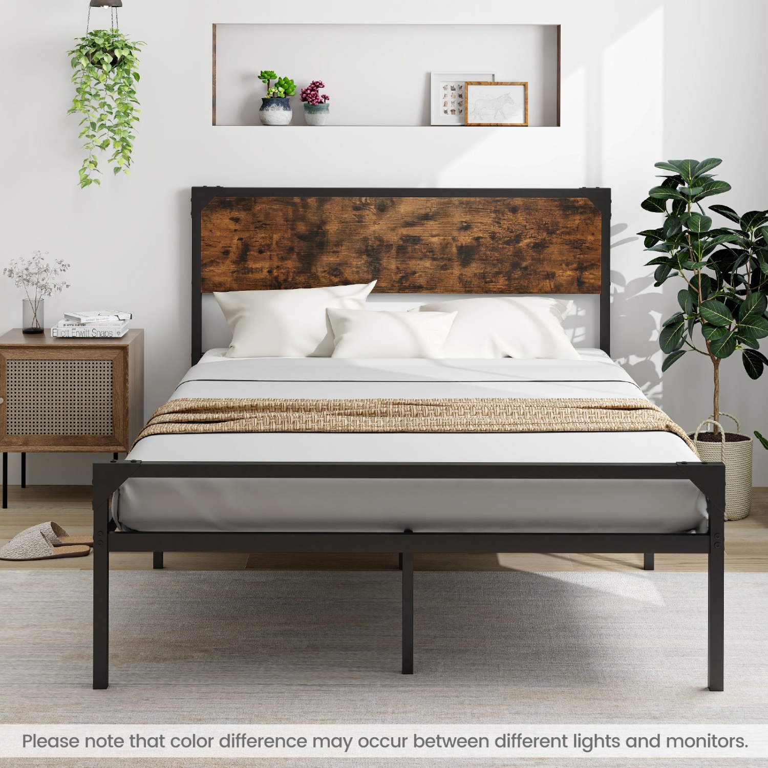 Costway Platform Queen/Full Bed with Rustic Headboard & Footboard Strong Metal Slat Support