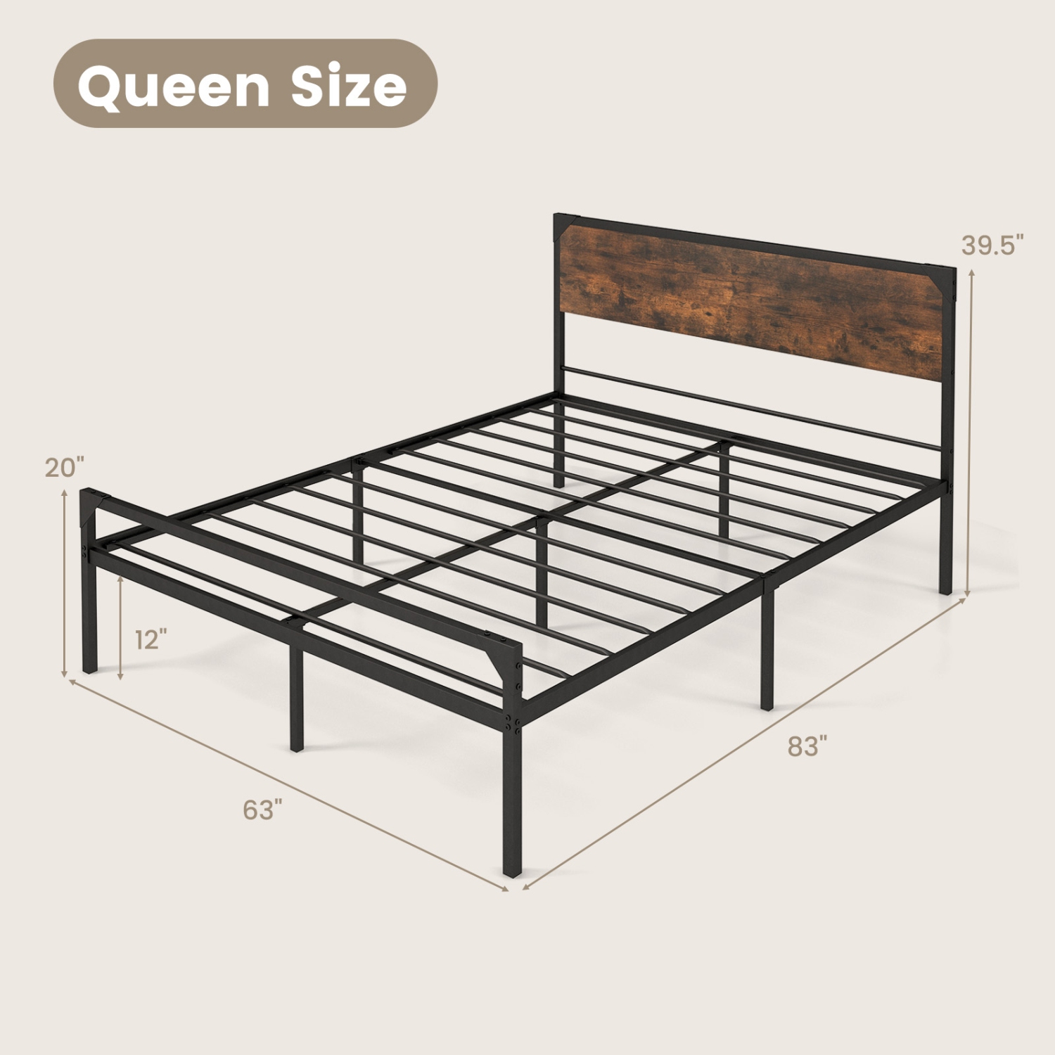 Costway Platform Queen/Full Bed with Rustic Headboard & Footboard Strong Metal Slat Support