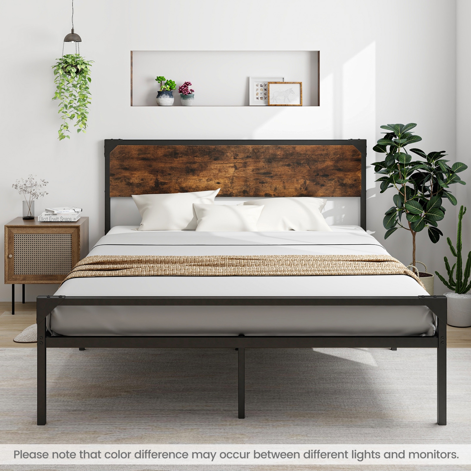 Costway Platform Queen/Full Bed with Rustic Headboard & Footboard Strong Metal Slat Support