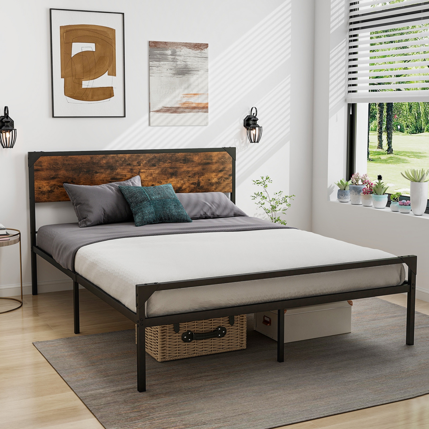 Costway Platform Queen/Full Bed with Rustic Headboard & Footboard Strong Metal Slat Support