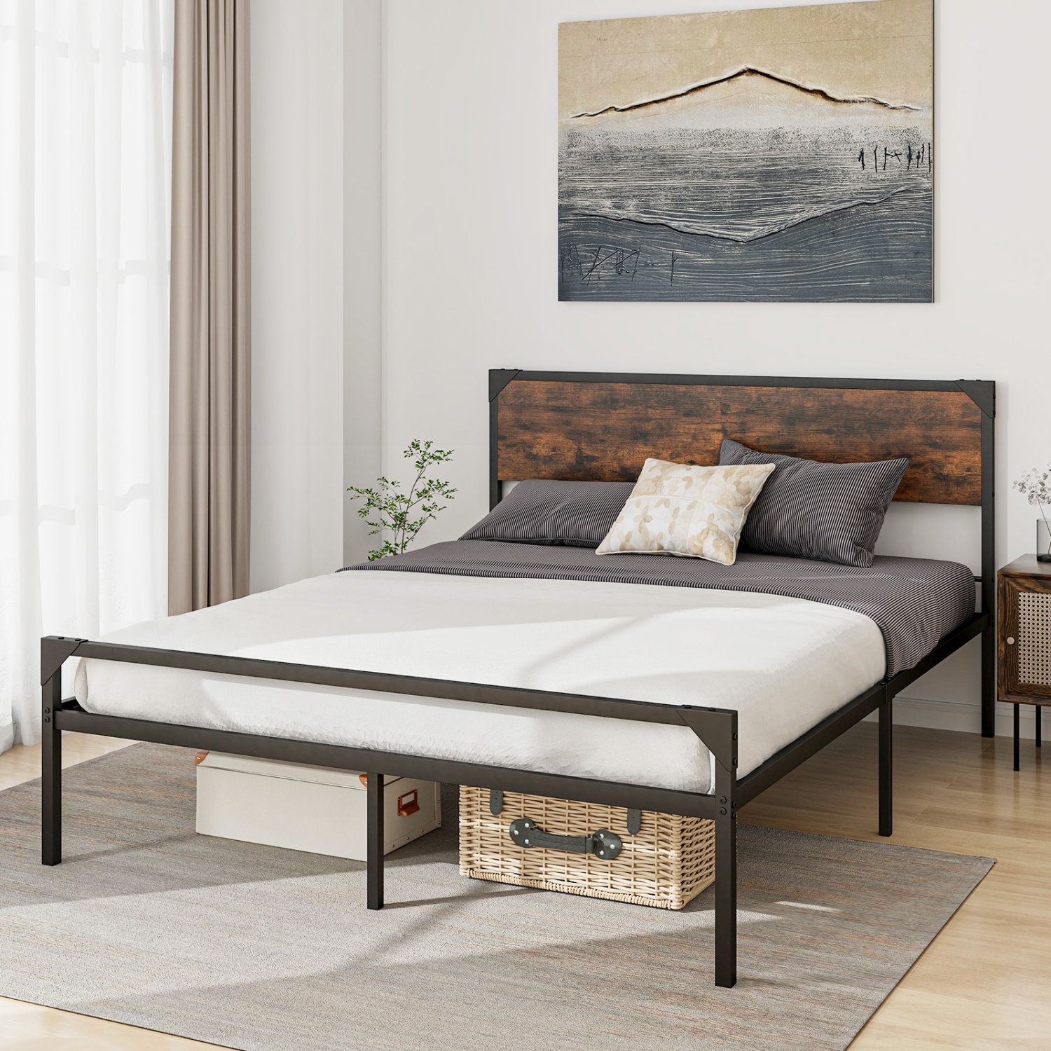 Costway Platform Queen/Full Bed with Rustic Headboard & Footboard Strong Metal Slat Support