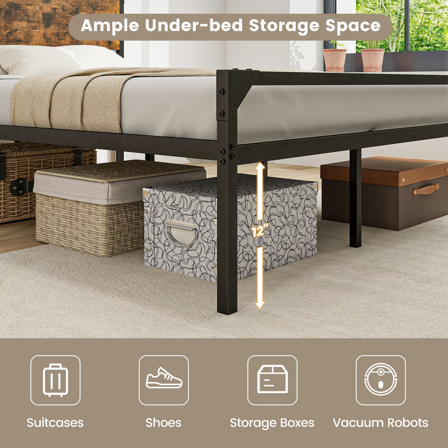 Costway Platform Queen/Full Bed with Rustic Headboard & Footboard Strong Metal Slat Support