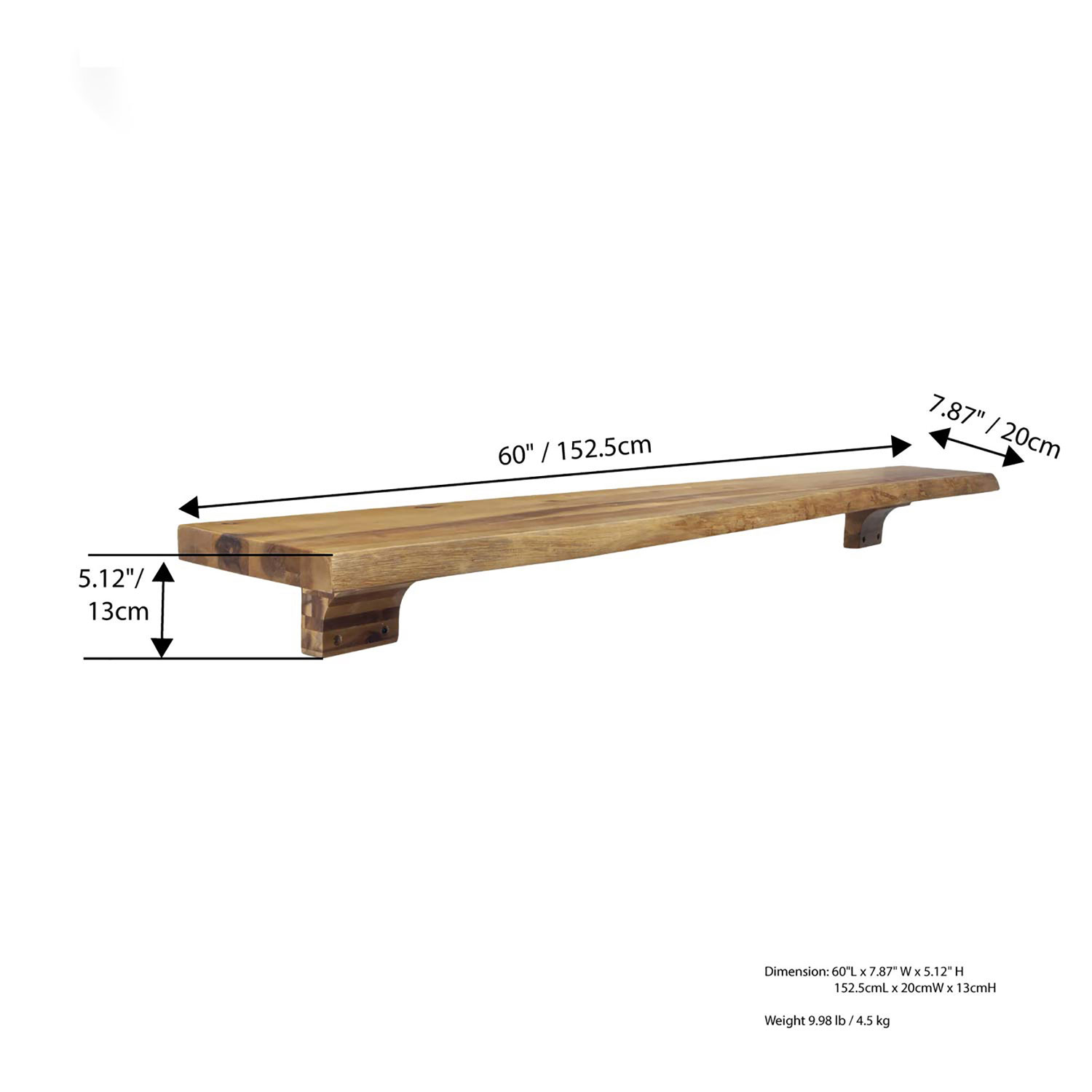 Tablette de foyer de 60 po Live Edge avec corbeaux en bois - Brun