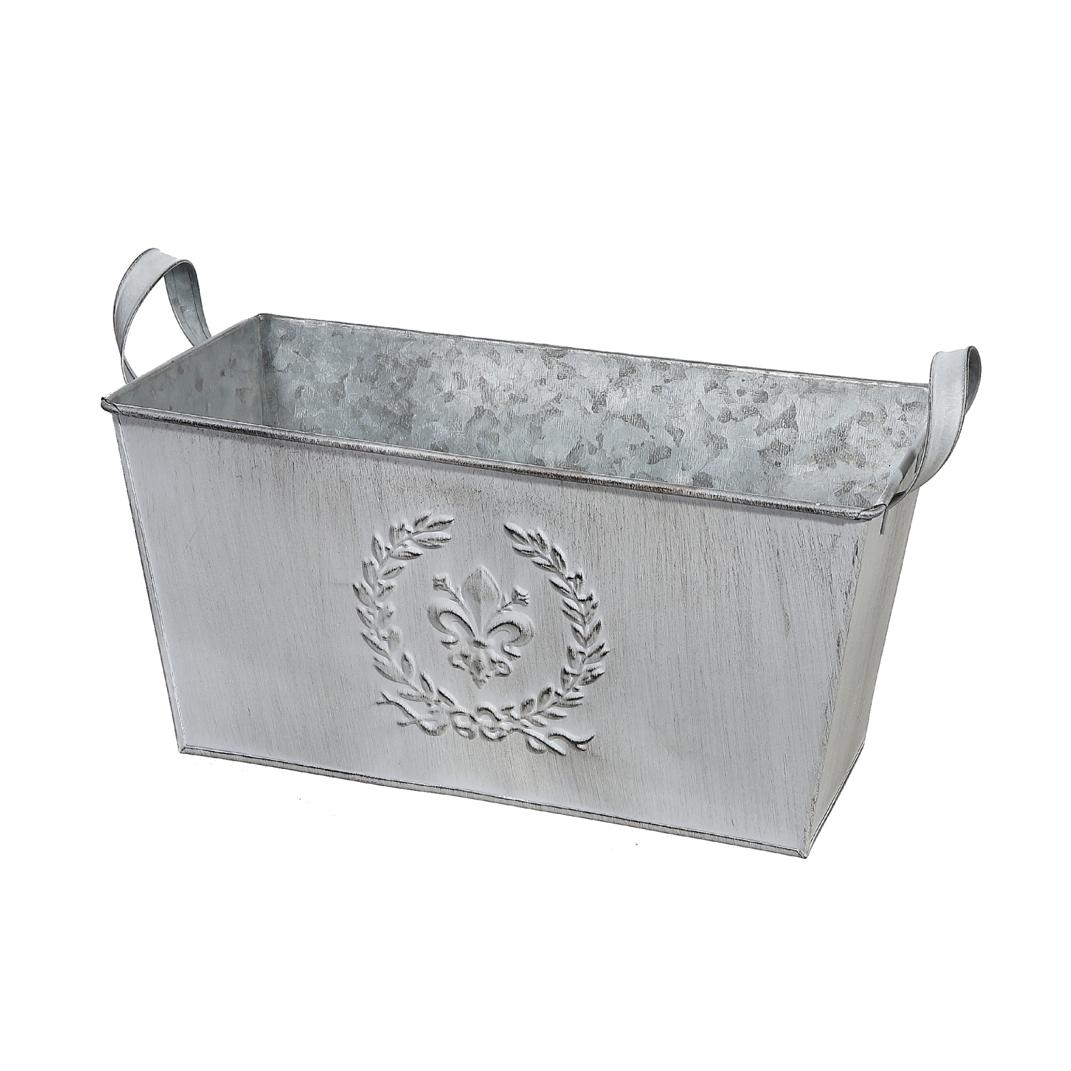 Embossed White Metal Planter With Handle