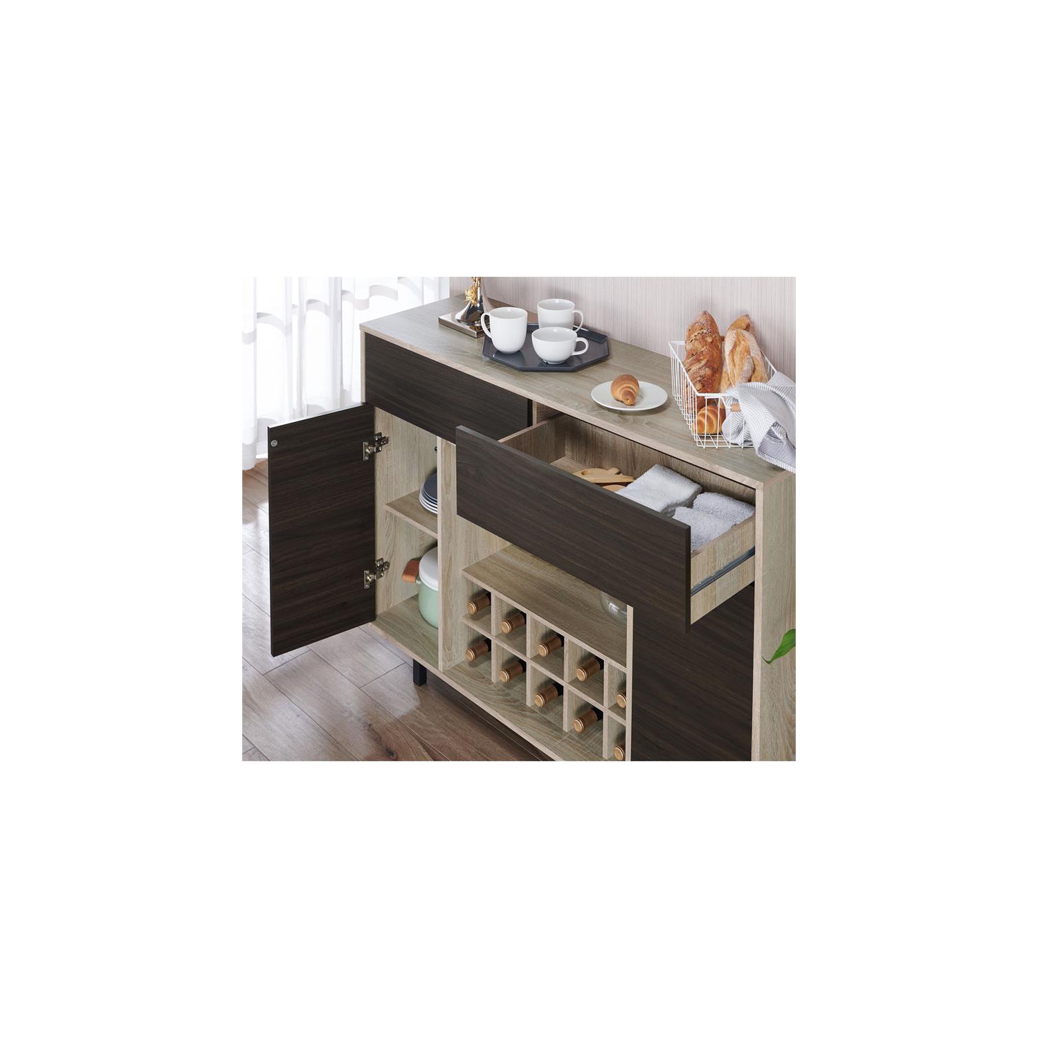 Furniture of America Tarian Wood 10-Bottle Buffet Server in Natural Oak