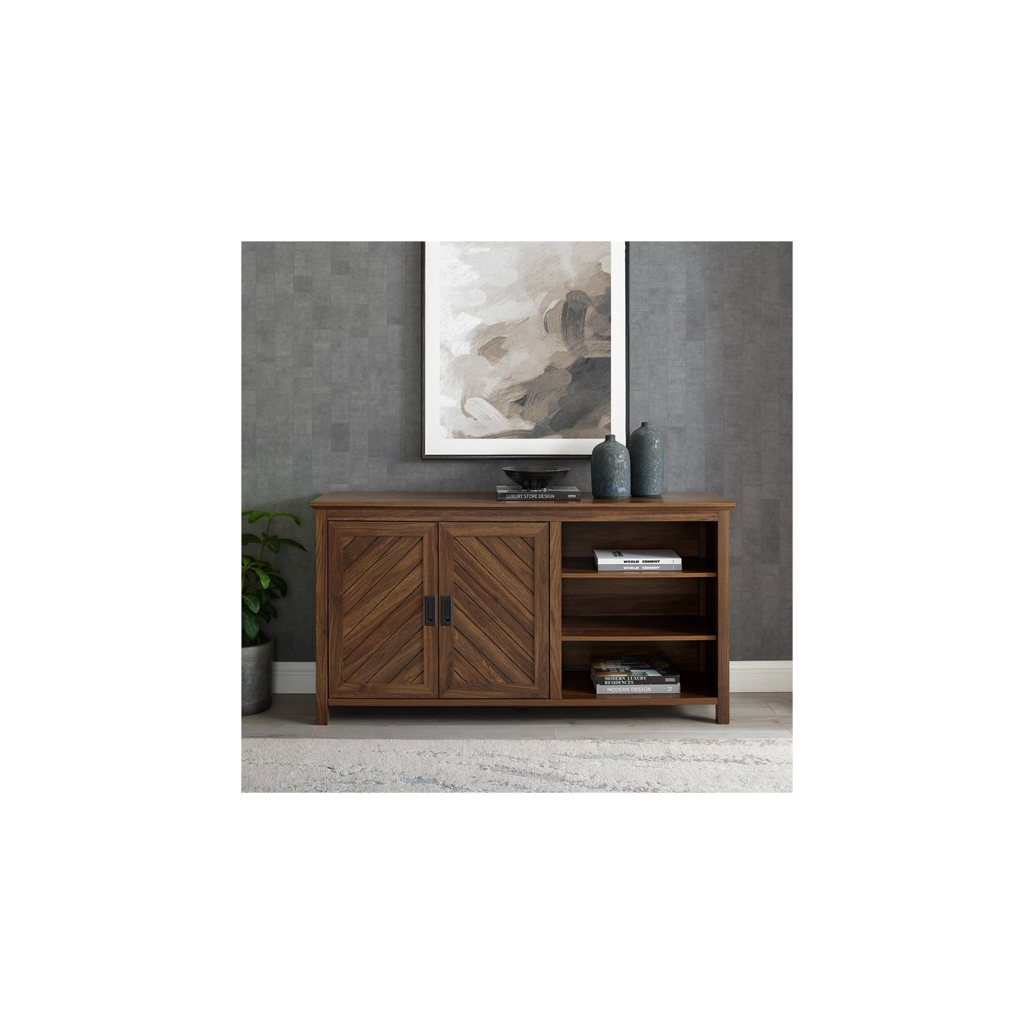 Pemberly Row 58" 2 Door Angled Groove Sideboard in Dark Walnut