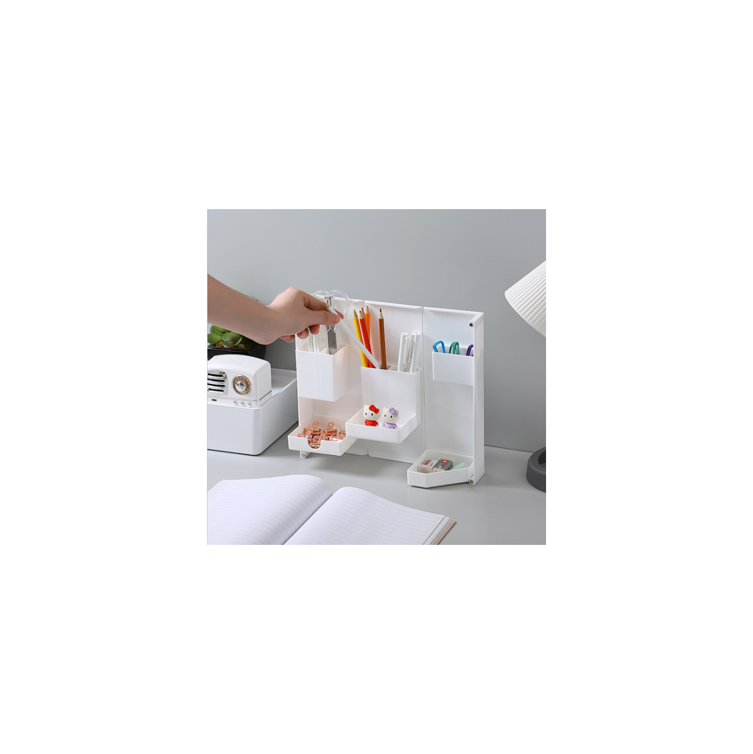 Plastic Desktop Foldable Adjustable Stationery Holder Desk Organizer Storage For Home Office School , White - Moustache®