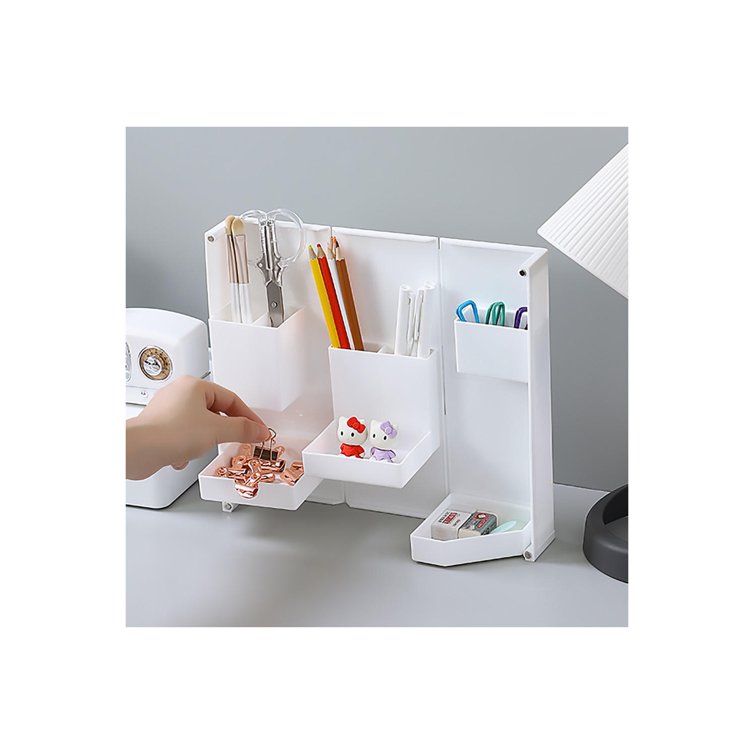 Plastic Desktop Foldable Adjustable Stationery Holder Desk Organizer Storage For Home Office School , White - Moustache®