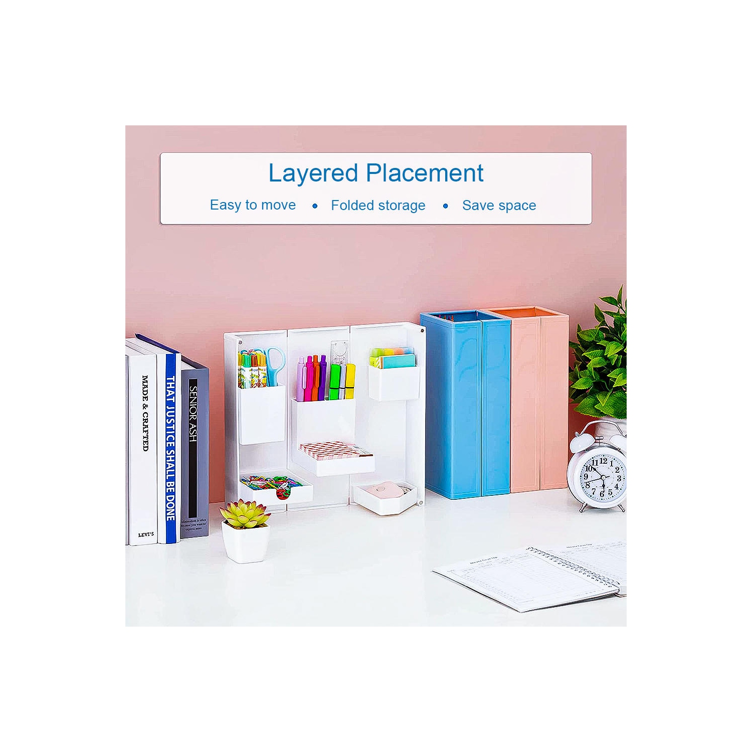 Plastic Desktop Foldable Adjustable Stationery Holder Desk Organizer Storage For Home Office School , White - Moustache®