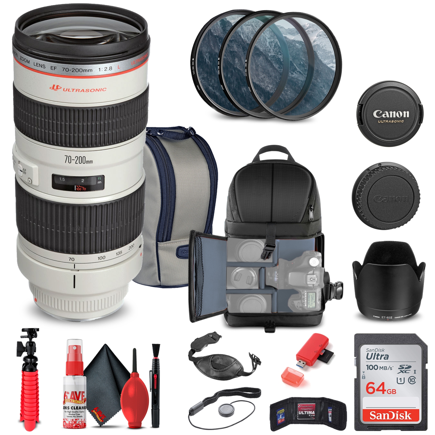 Objectif EF 70-200&nbsp;mm USM f/2,8&nbsp;L de Canon + trousse de filtre + sac à dos + Semblable (version internationale)