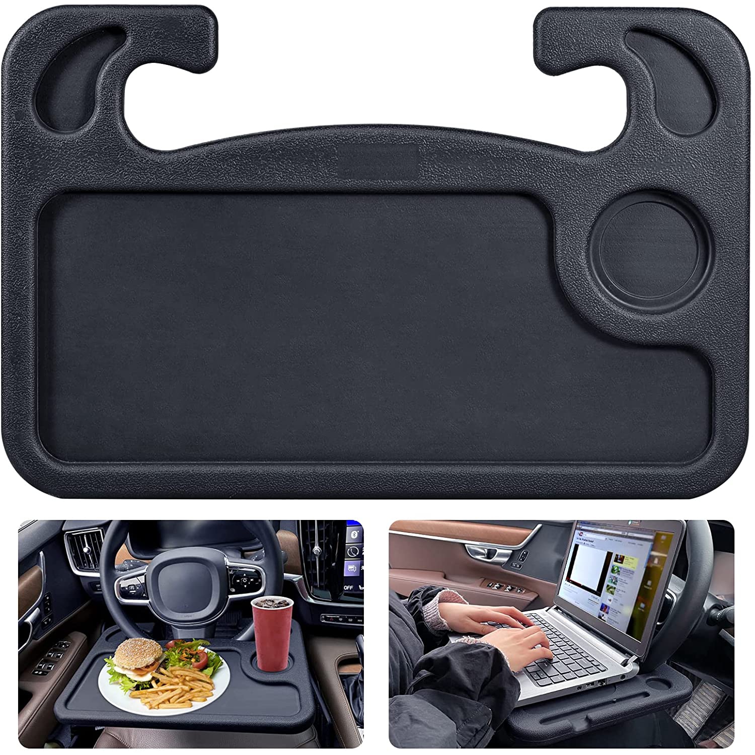 Steering Wheel Tray, Car Tray 2-Sided Design, Steering Wheel Desk Multi-Functional Portable, for Notebook, iPad, Laptop or Food Eating, Fits Most Vehicles Steering Wheels (Black)