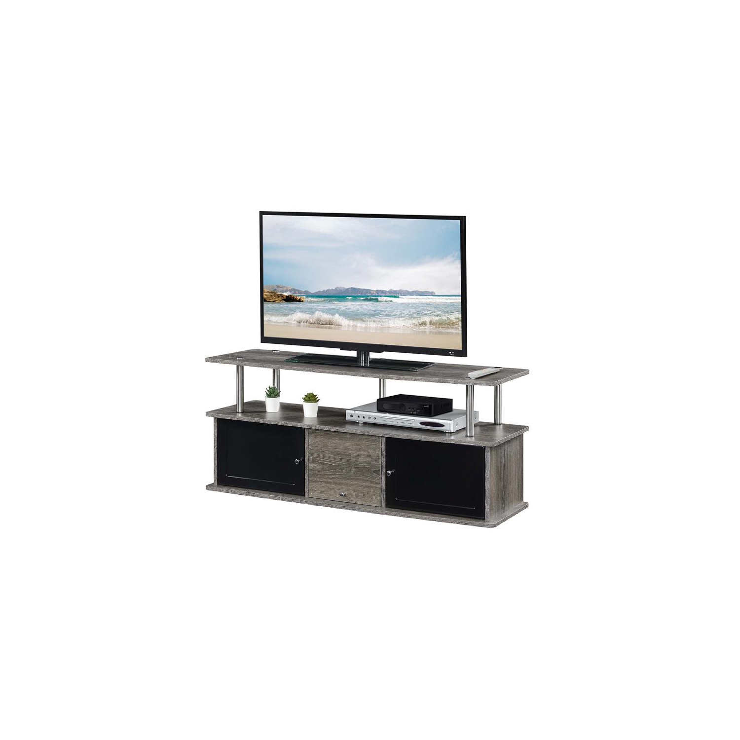 Designs2Go TV Stand with Three Storage Cabinets and Shelf in Medium Gray Wood