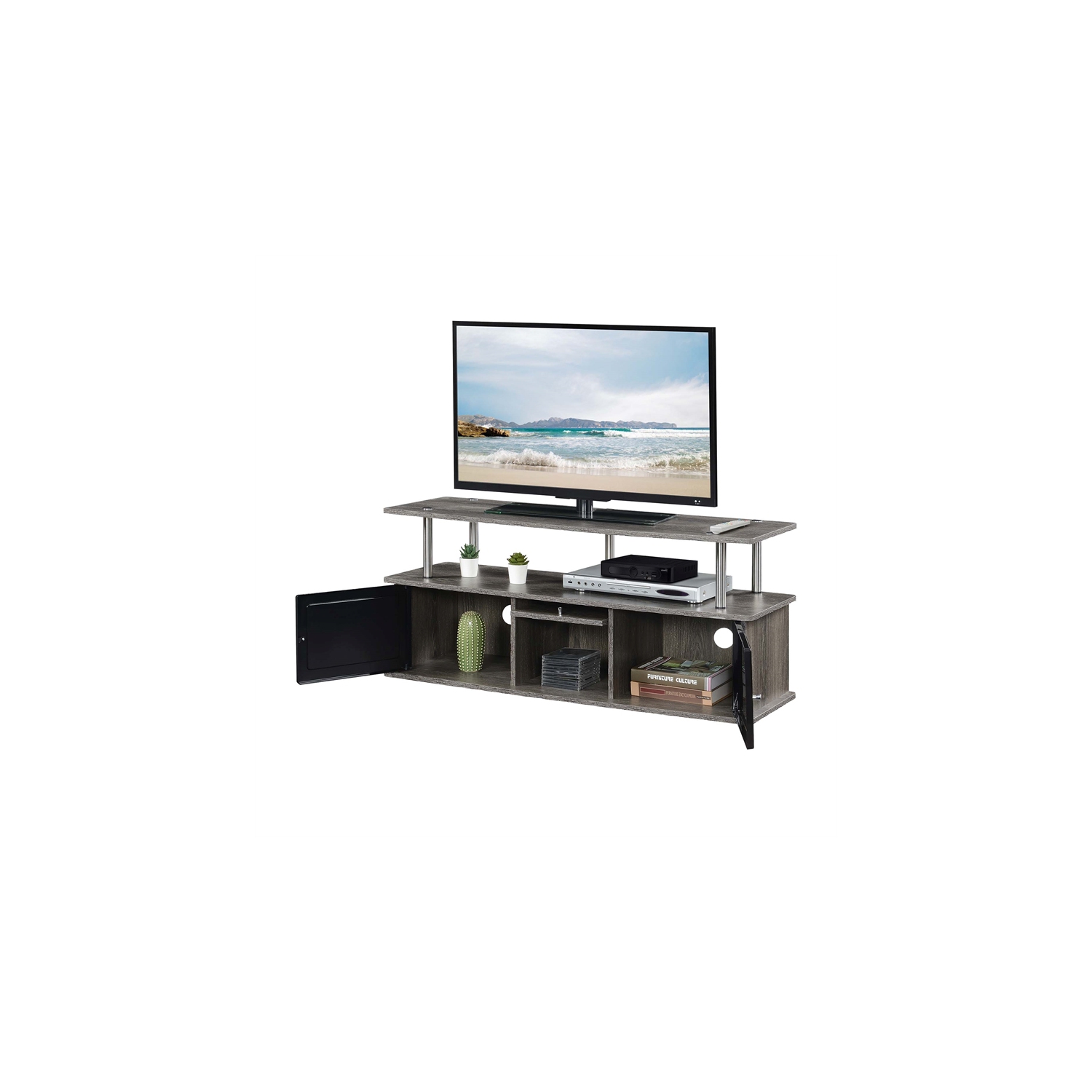 Designs2Go TV Stand with Three Storage Cabinets and Shelf in Medium Gray Wood