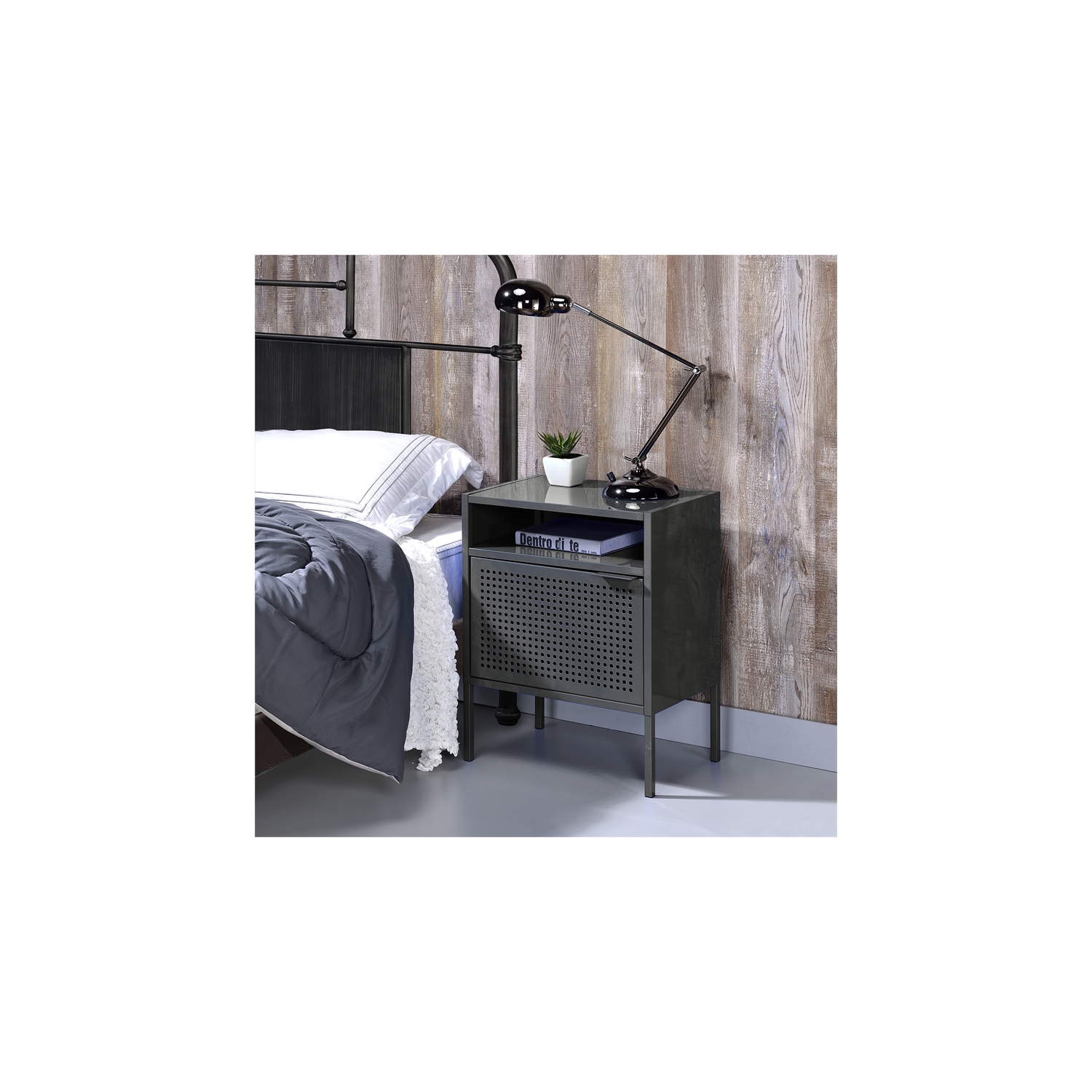 Bowery Hill Open Metal Shelf Nightstand with USB Port in Gray