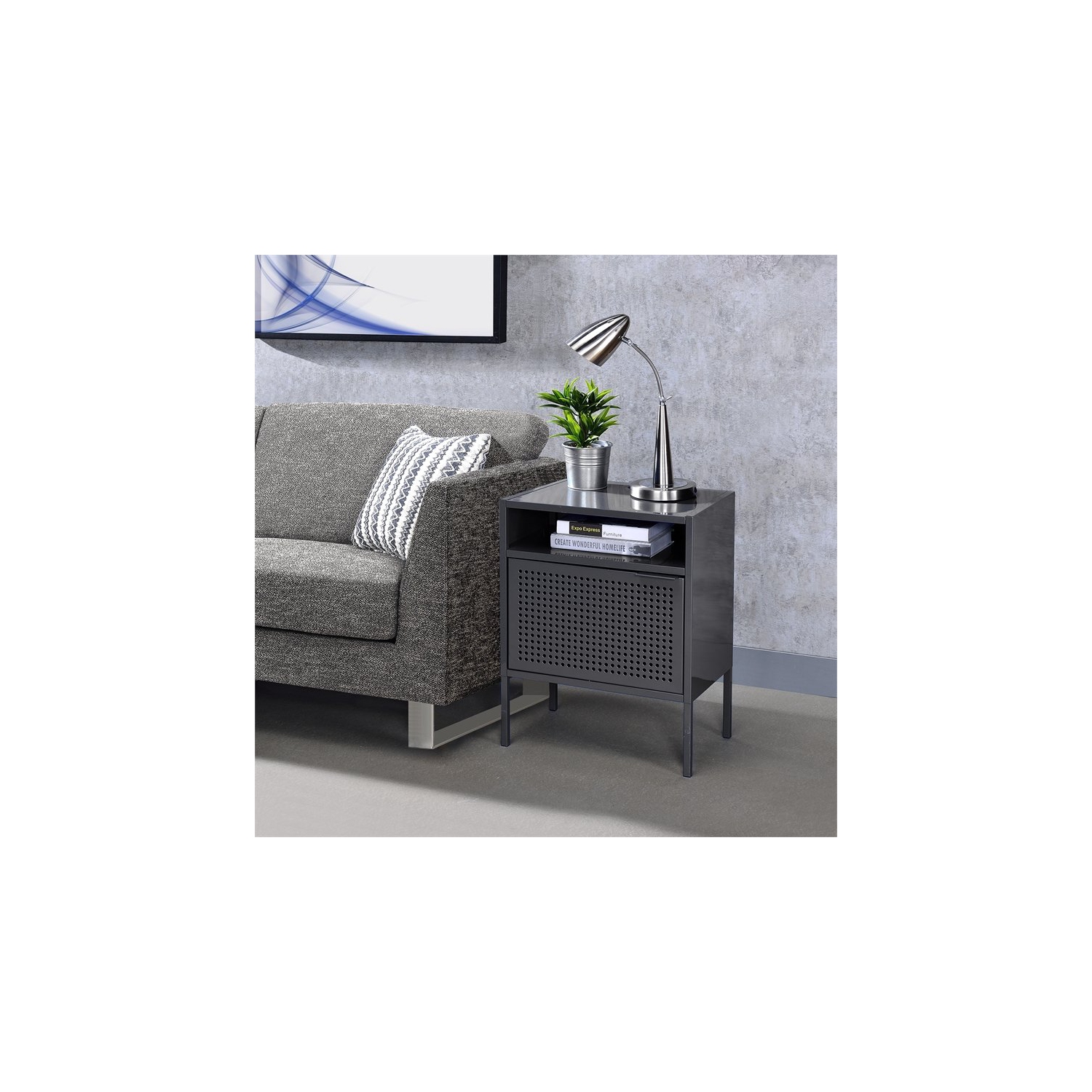 Bowery Hill Open Metal Shelf Nightstand with USB Port in Gray
