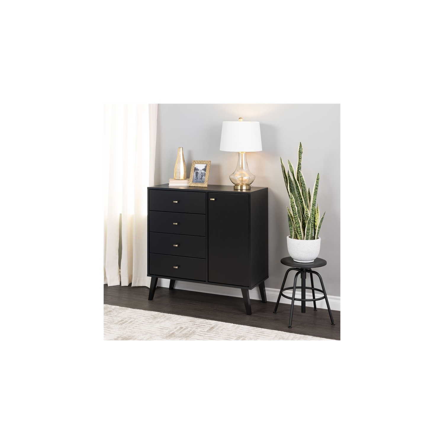 Prepac Milo Mid Century Modern 4-Drawer Chest with Door in Black