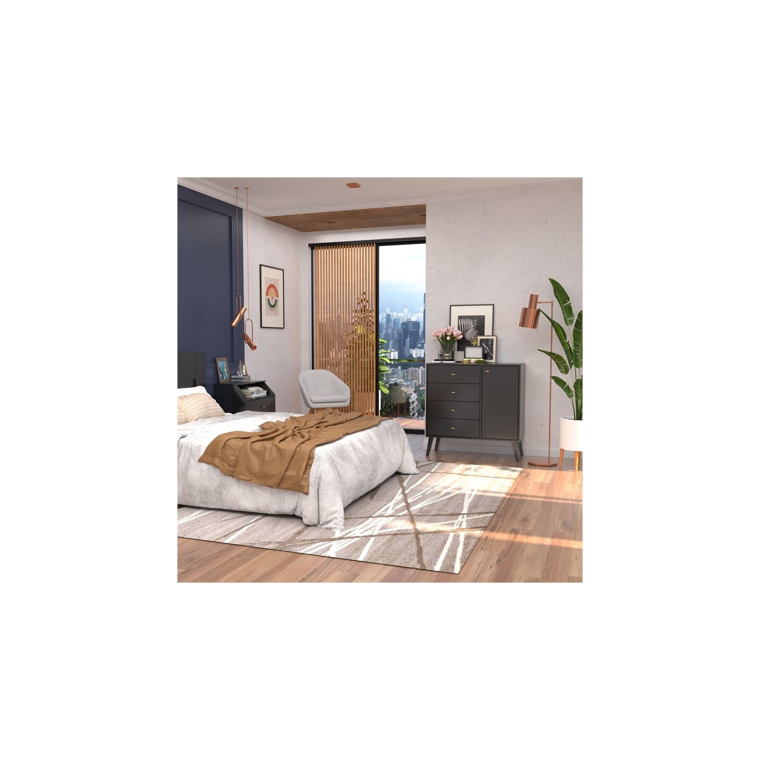 Prepac Milo Mid Century Modern 4-Drawer Chest with Door in Black