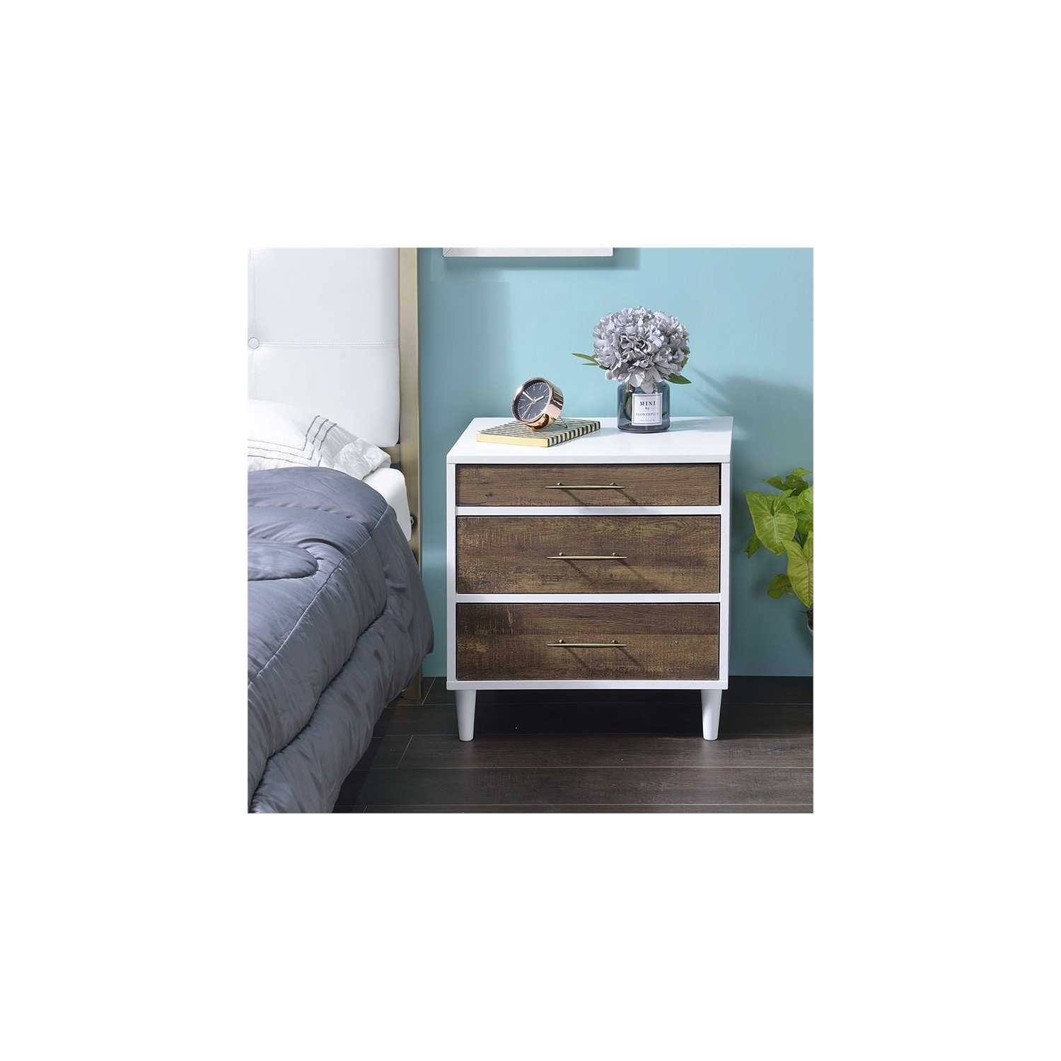 Bowery Hill Contemporary 3 Drawer Nightstand in White and Weathered Oak