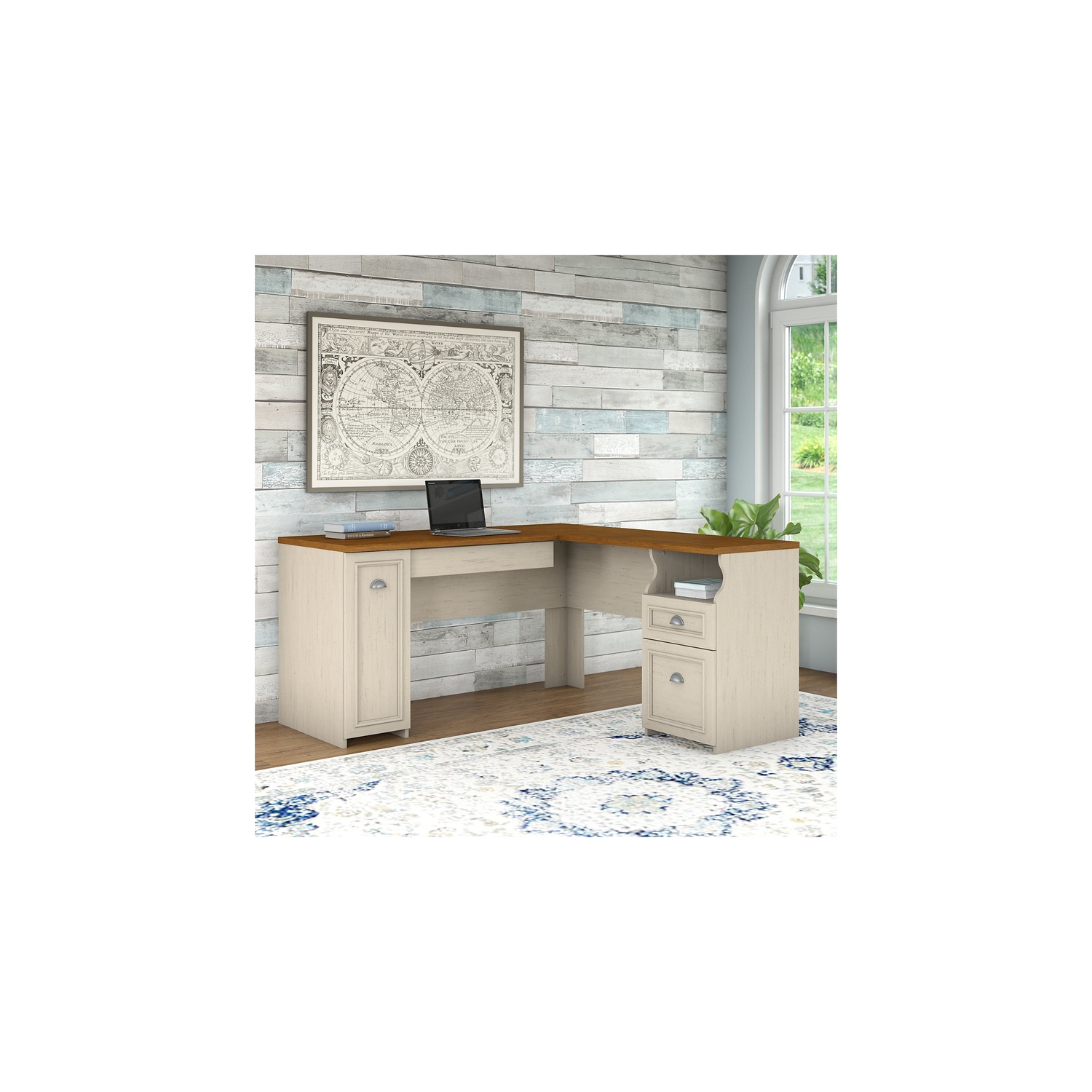 Atlin Designs 60W L Shaped Desk with Storage in Antique White