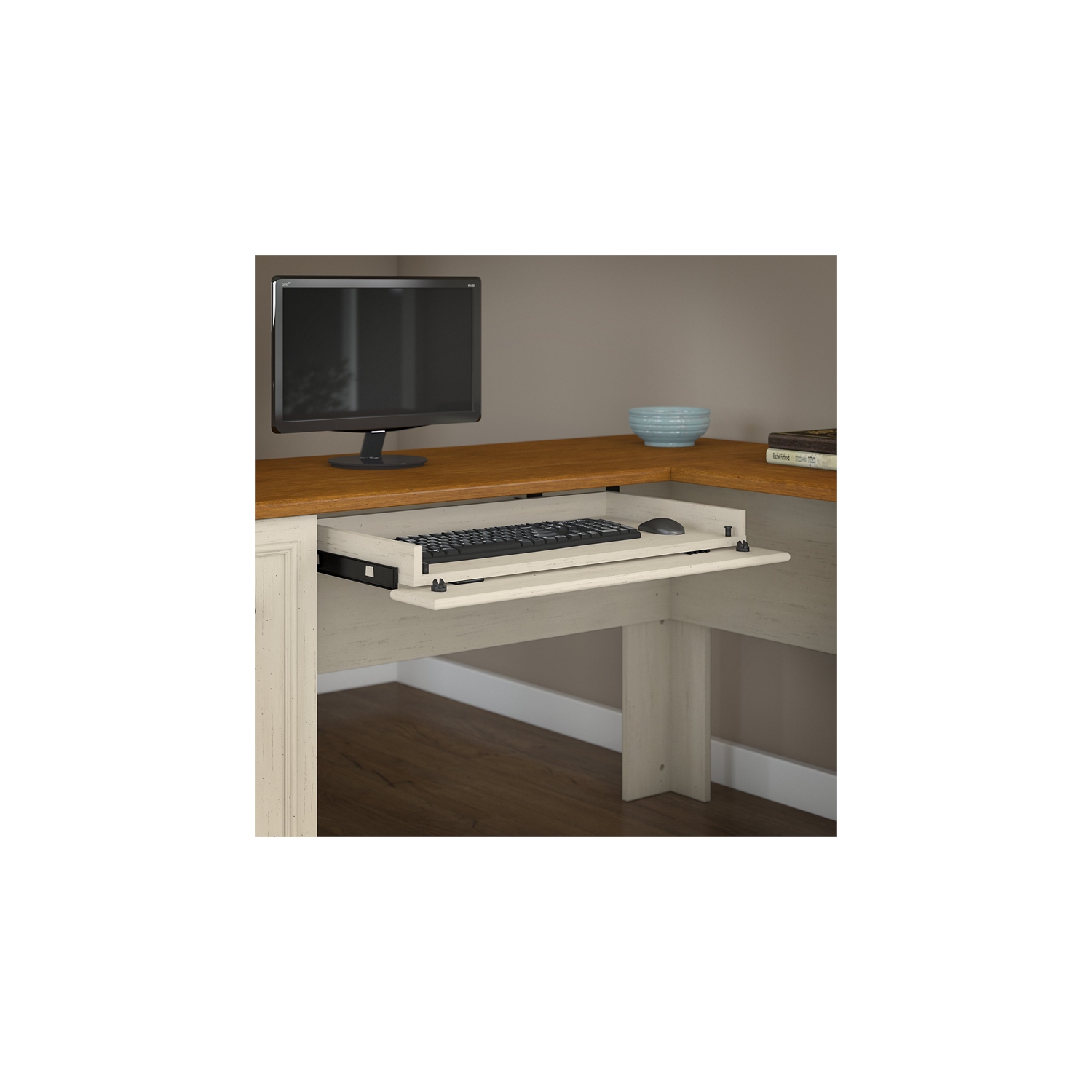 Atlin Designs 60W L Shaped Desk with Storage in Antique White