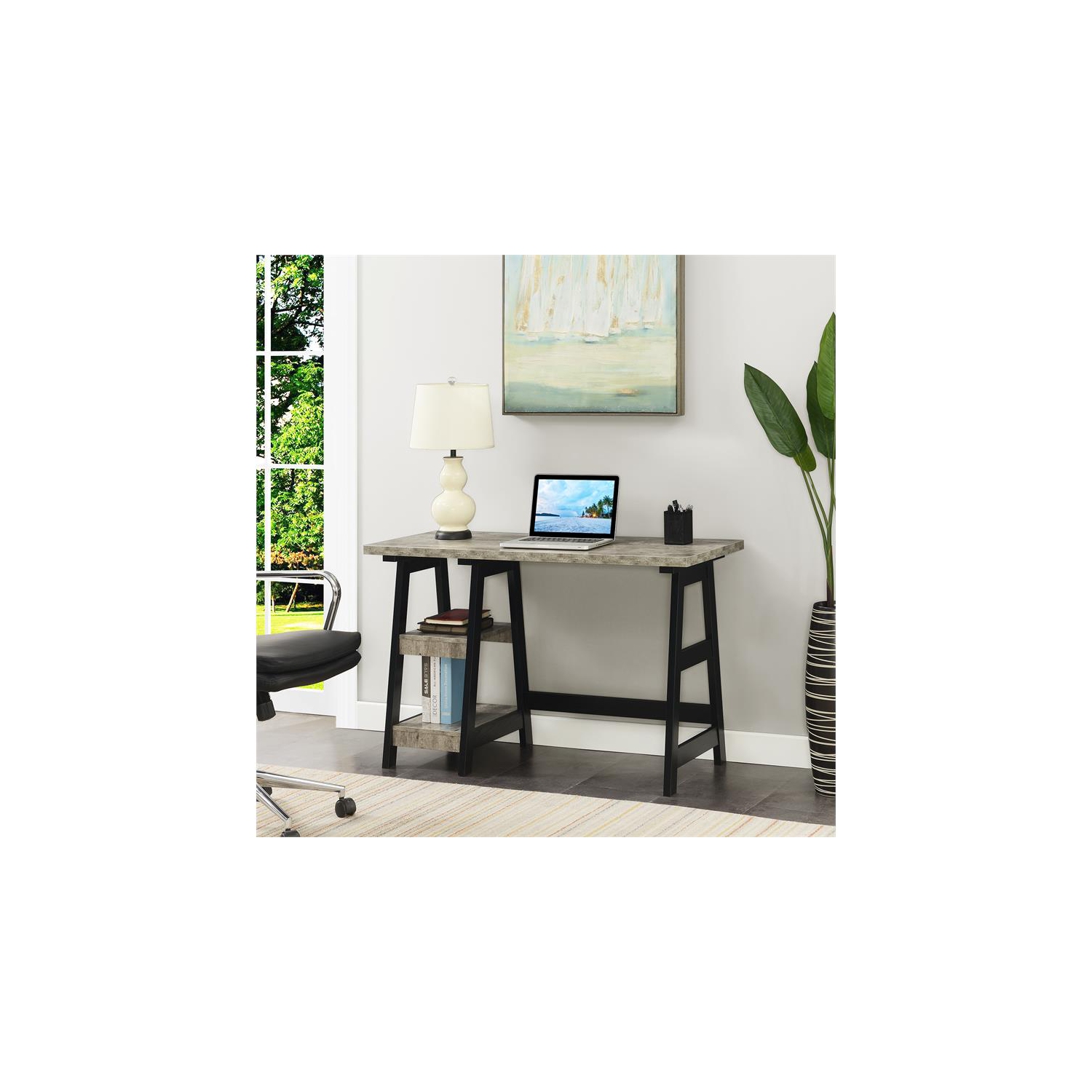 Designs2Go Trestle Desk with Shelves in Gray Faux Birch Wood Finish