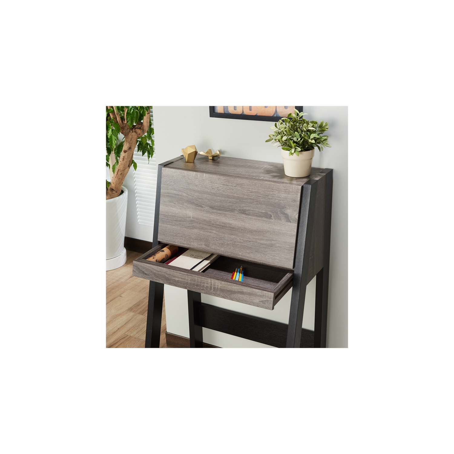 Furniture of America Gase Wood Fold Down Desk in Distressed Gray and Black