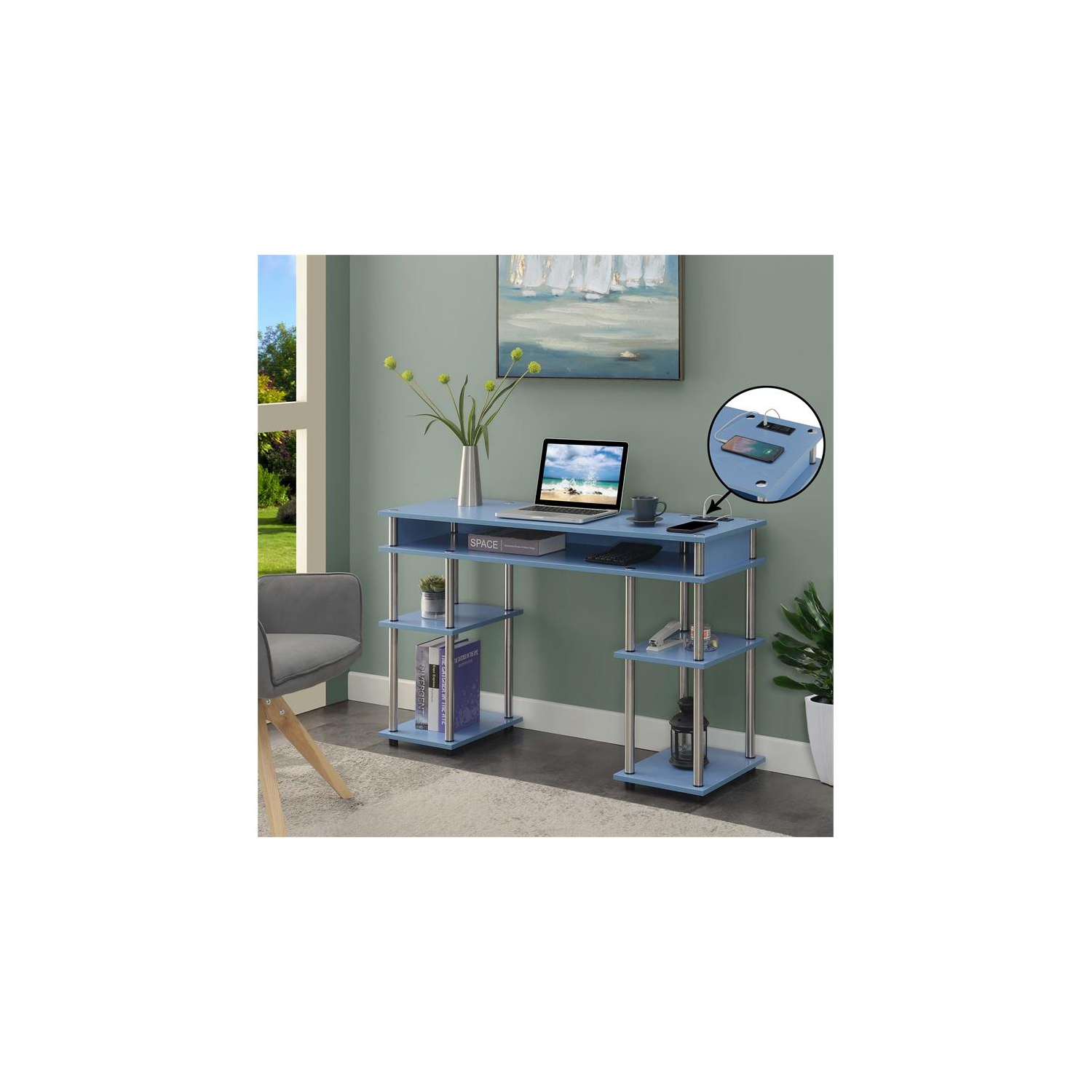 Designs2Go No Tools Student Desk with Charging Station in Blue Wood Finish