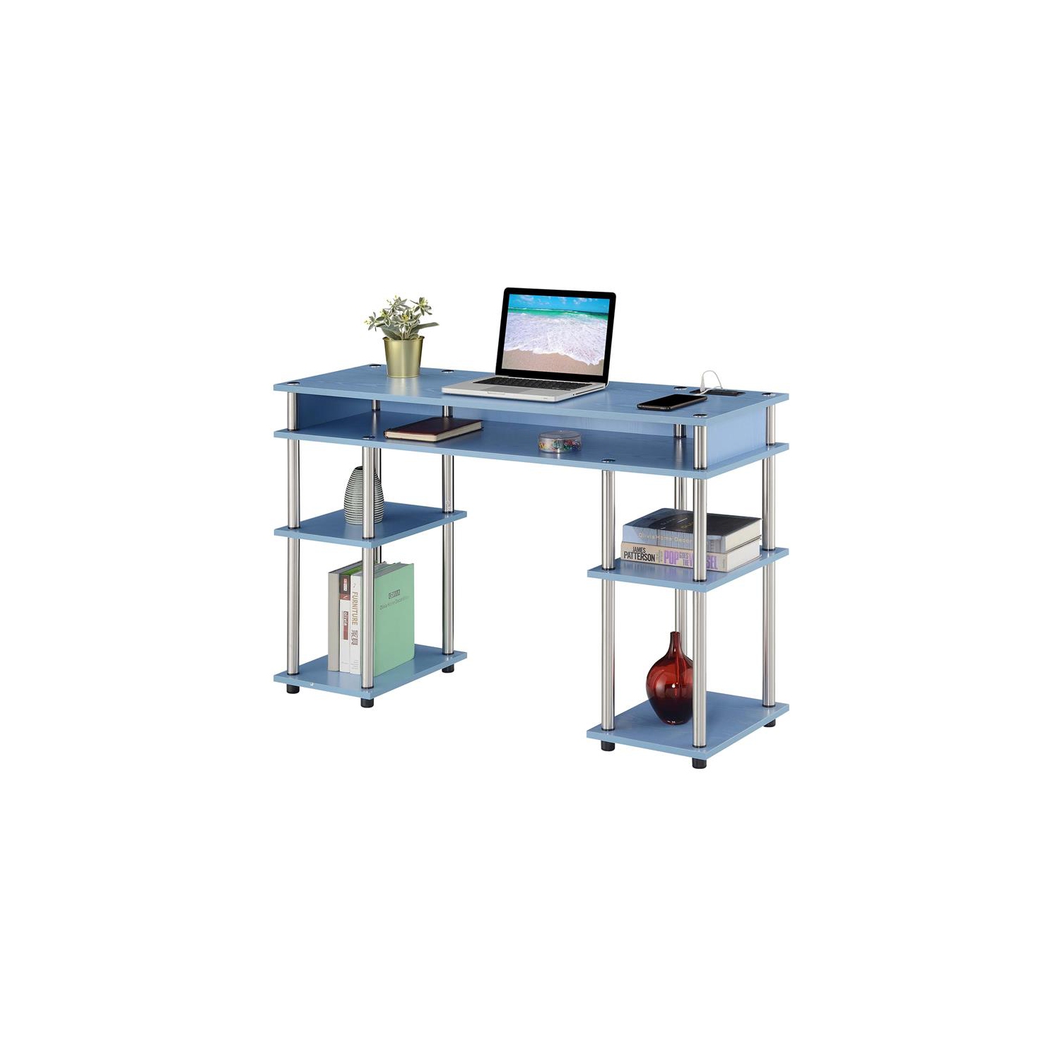 Designs2Go No Tools Student Desk with Charging Station in Blue Wood Finish