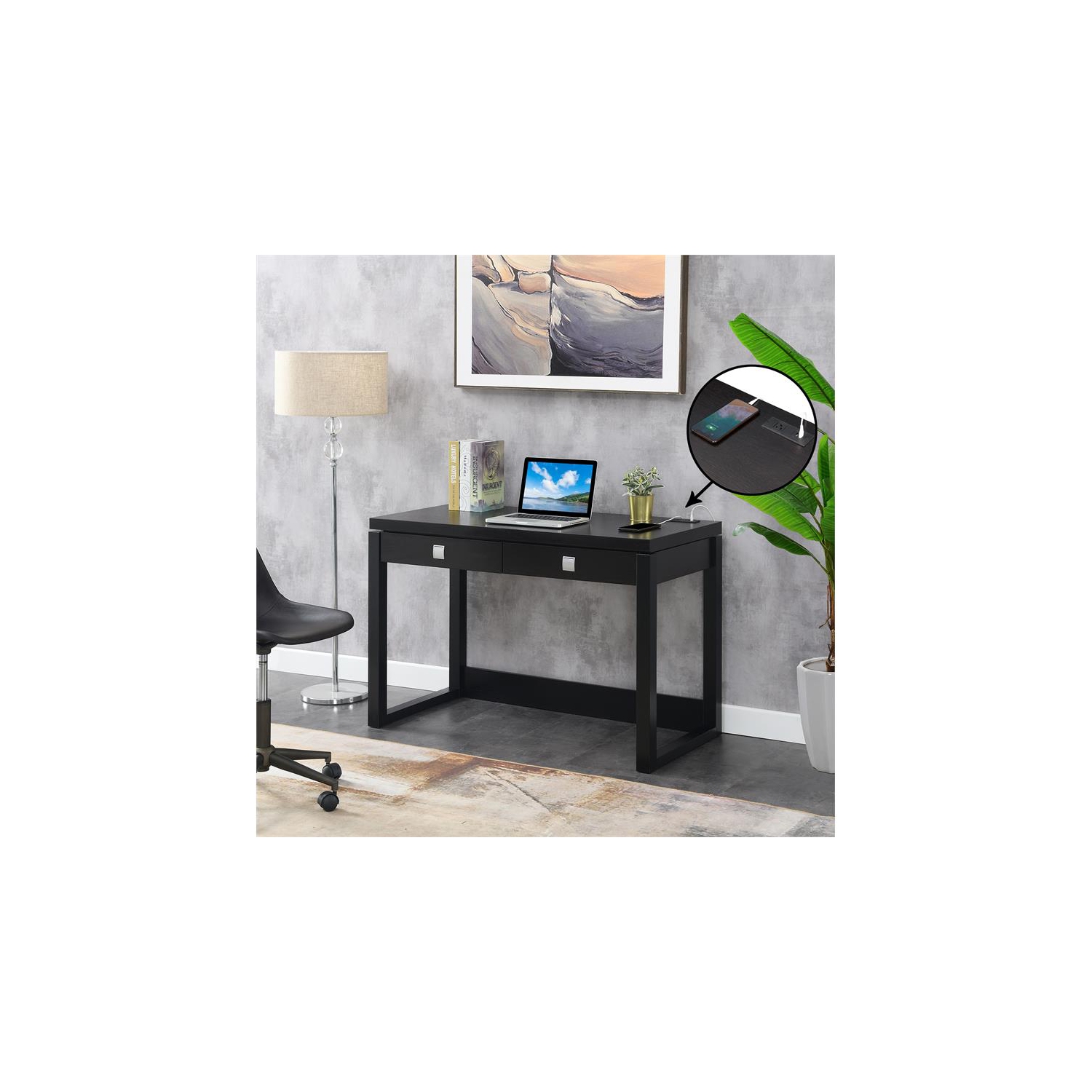 Convenience Concepts Newport Two-Drawer Desk with Charging Station in Black Wood