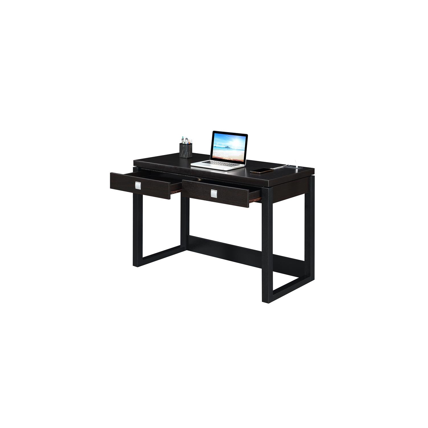 Convenience Concepts Newport Two-Drawer Desk with Charging Station in Black Wood
