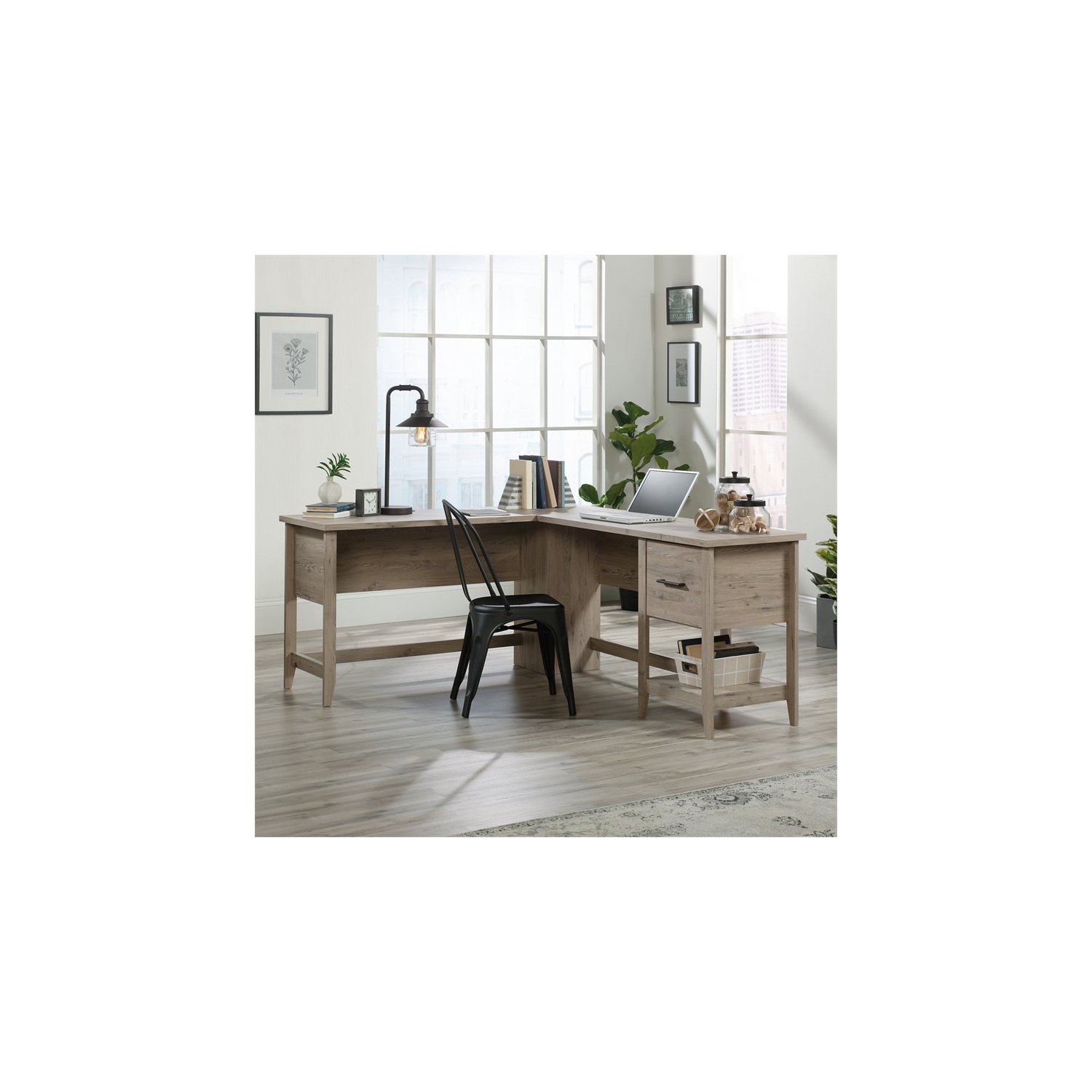Bureau d’ordinateur contemporain en L en bois de la collection Pemberly Row, chêne Laurel
