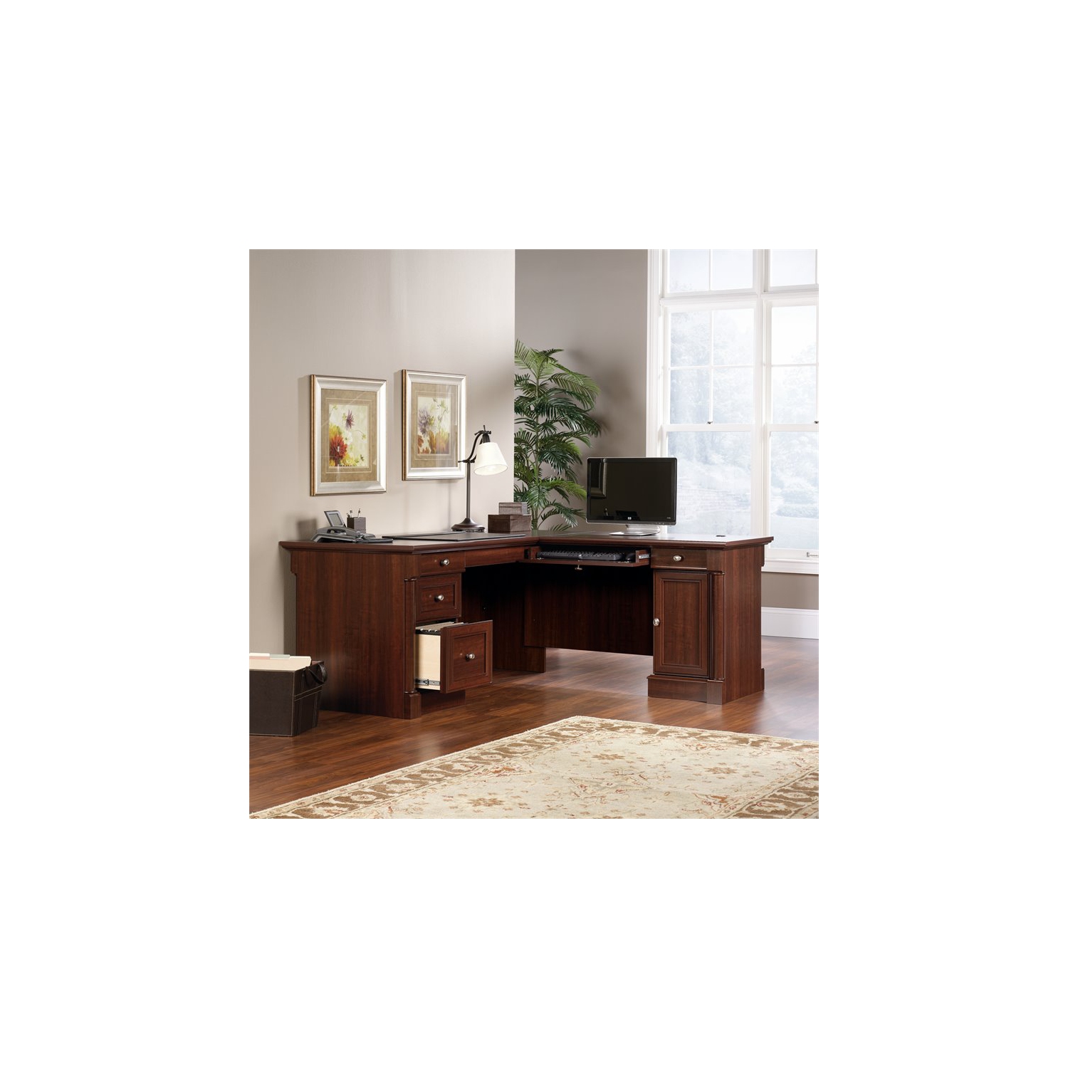 Sauder Palladia Contemporary Wood L-Shape Computer Desk in Select Cherry