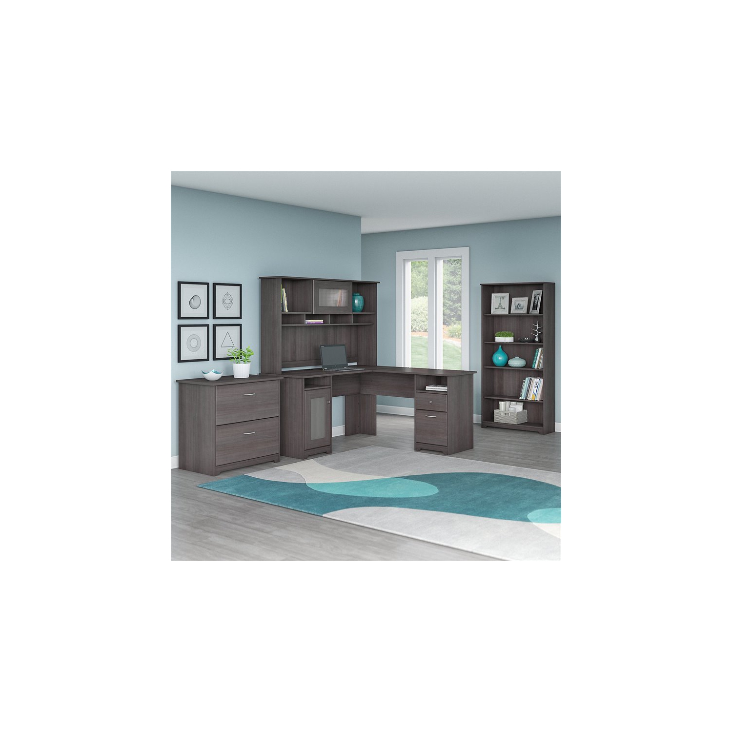 Scranton & Co Furniture Cabot L Shaped Desk with Hutch & Storage in Heather Gray