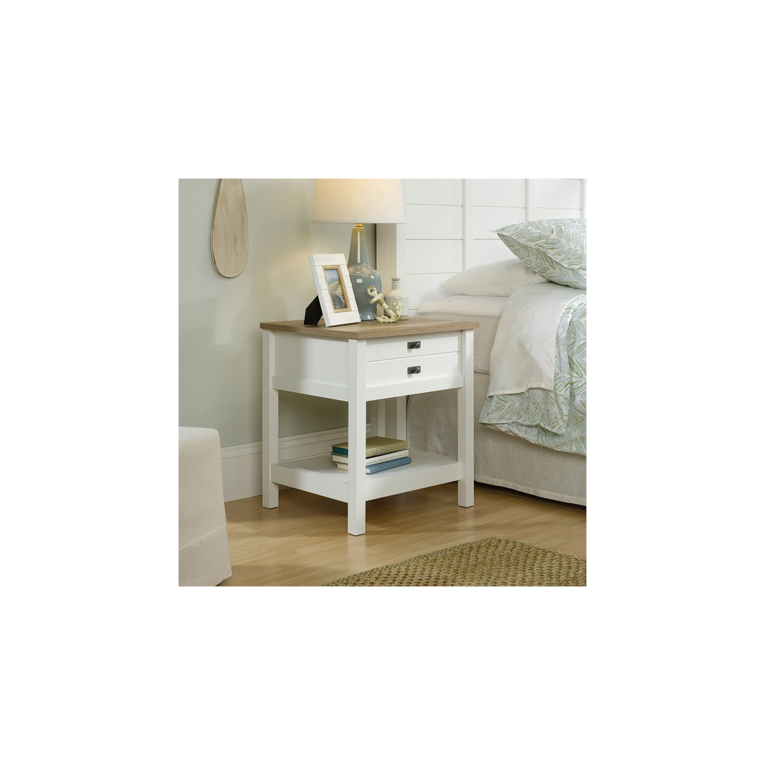 Pemberly Row 1 Drawer Nightstand in Soft White and Lintel Oak