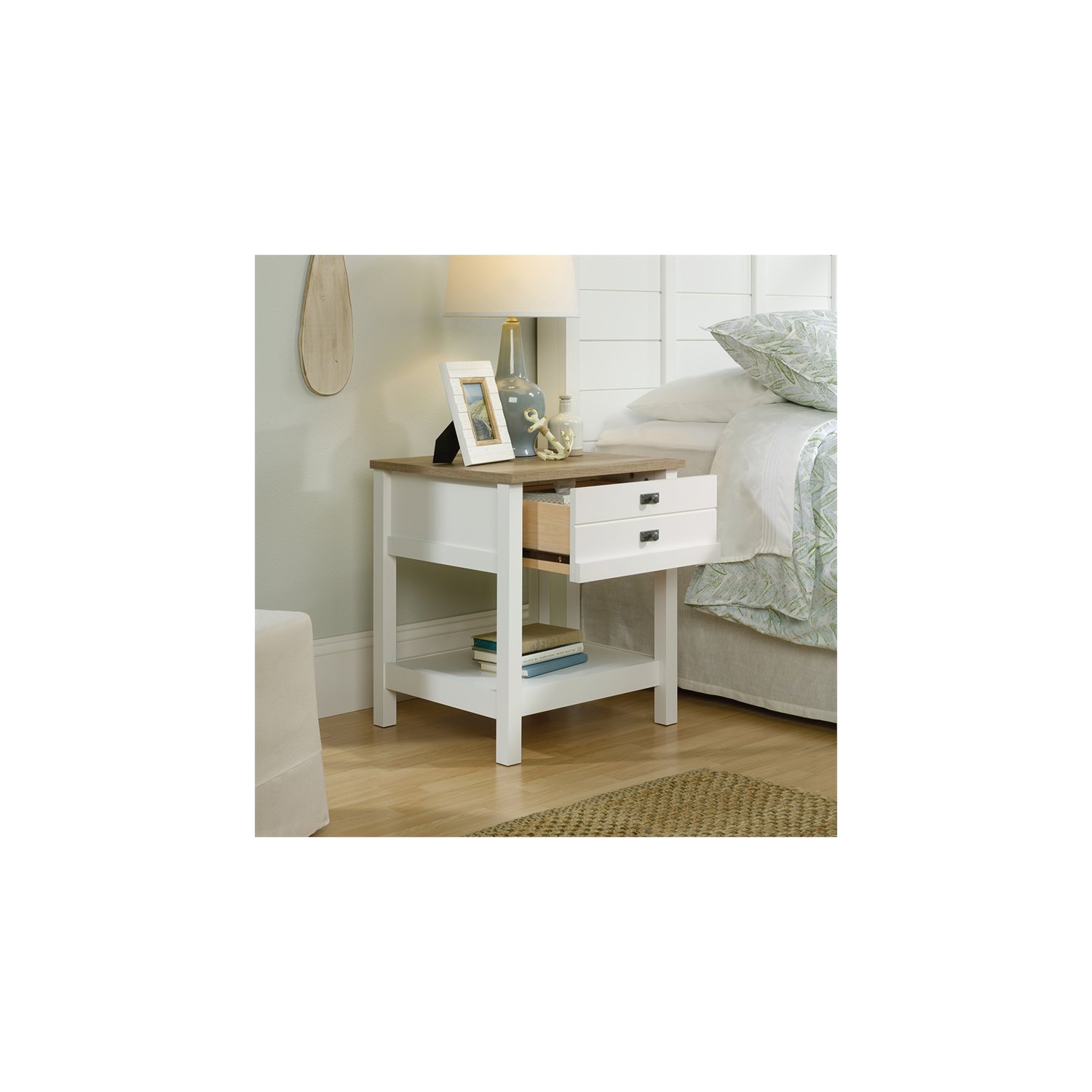 Pemberly Row 1 Drawer Nightstand in Soft White and Lintel Oak