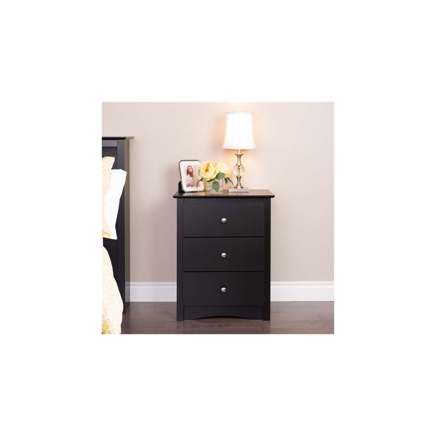 Wright Home Mid-Century Wood 3 Drawer Nightstand in Black