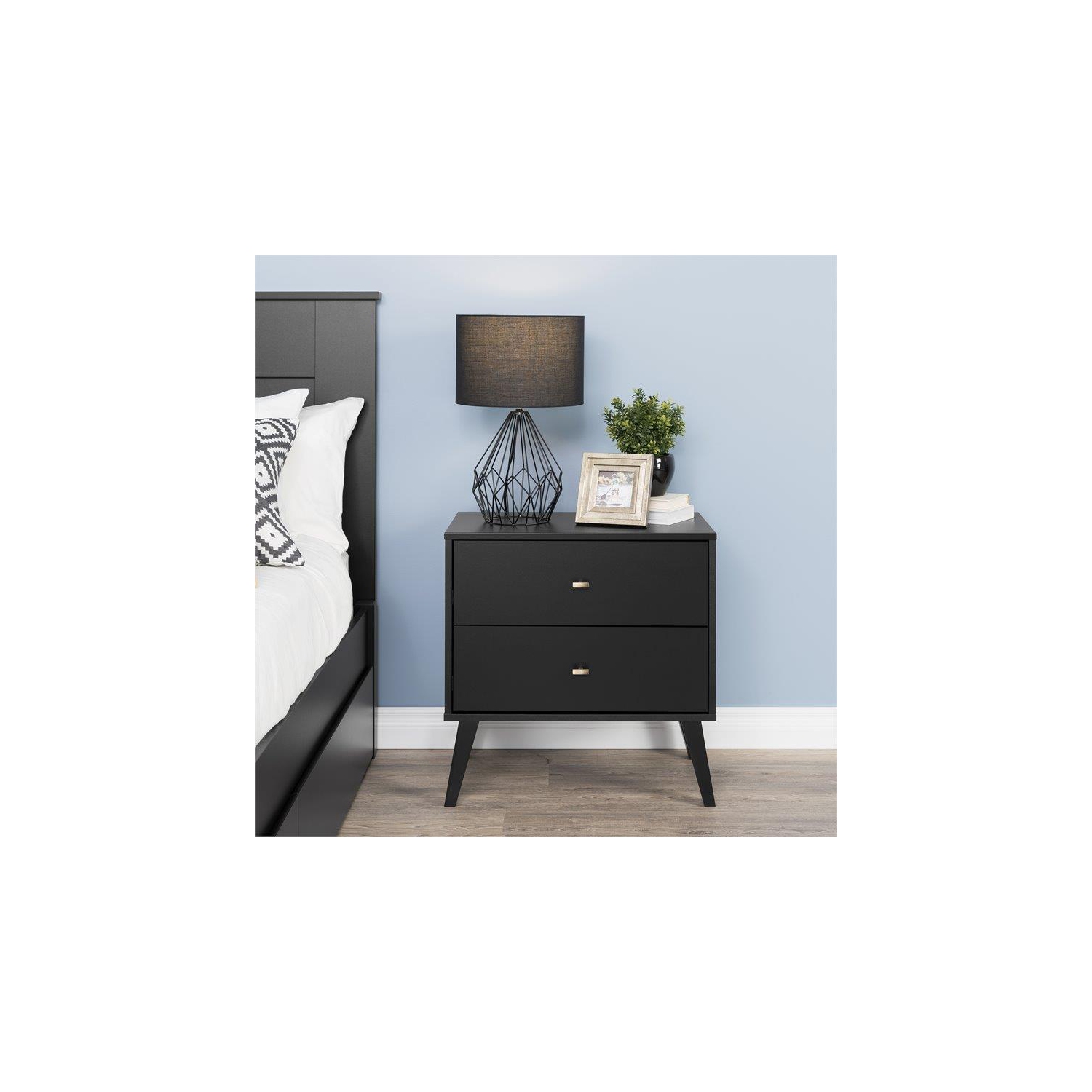 Wright Home Mid-Century Modern Wood 2 Drawer Nightstand in Black