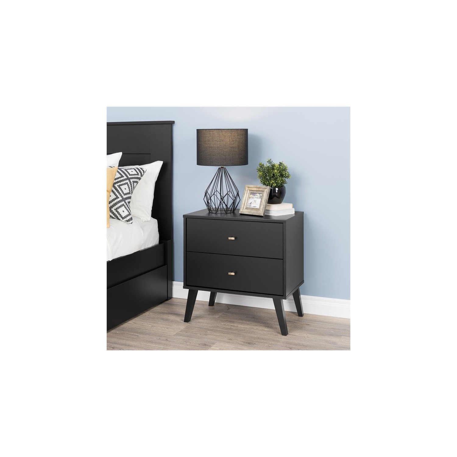 Wright Home Mid-Century Modern Wood 2 Drawer Nightstand in Black