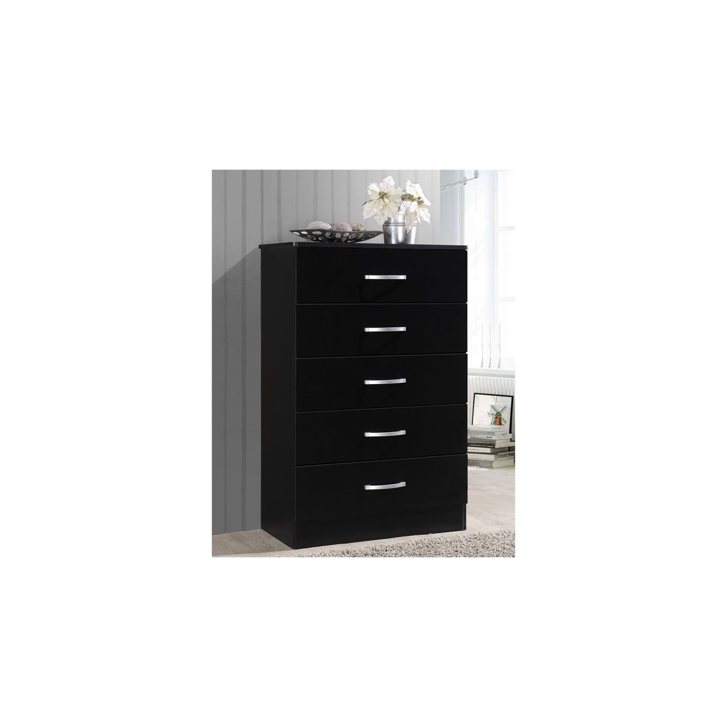 Hodedah Five Drawer Contemporary Wooden Chest in Black Finish