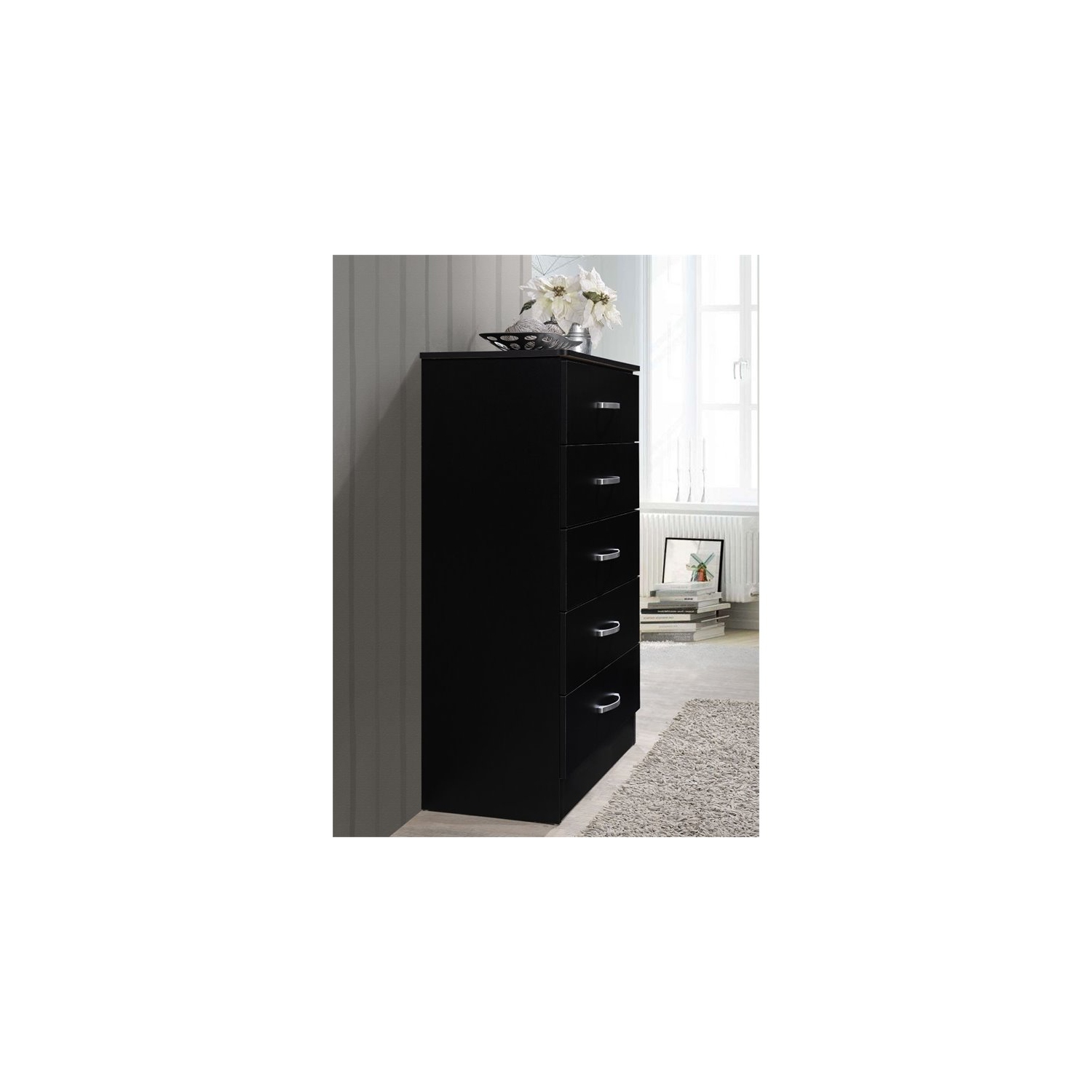 Hodedah Five Drawer Contemporary Wooden Chest in Black Finish