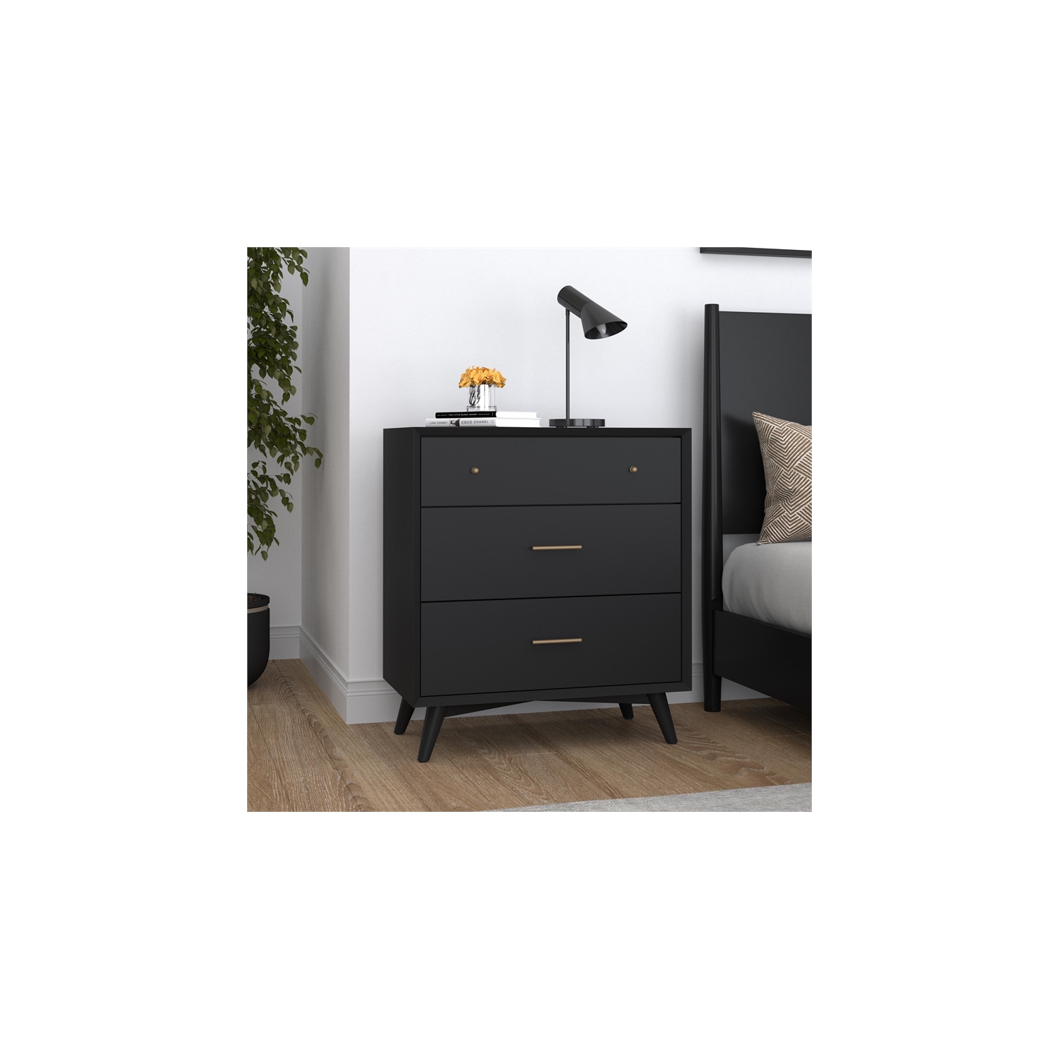 Bowery Hill Mid-Century Mid Century Modern Wood 3 Drawer Small Chest in Black