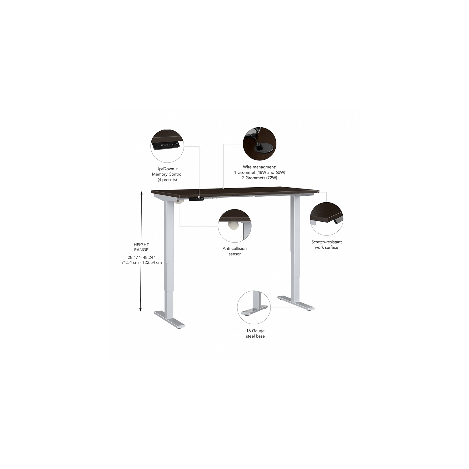 Bureau à hauteur réglable de 72 po de largeur Move 40, cerisier moka - bois d’ingénierie