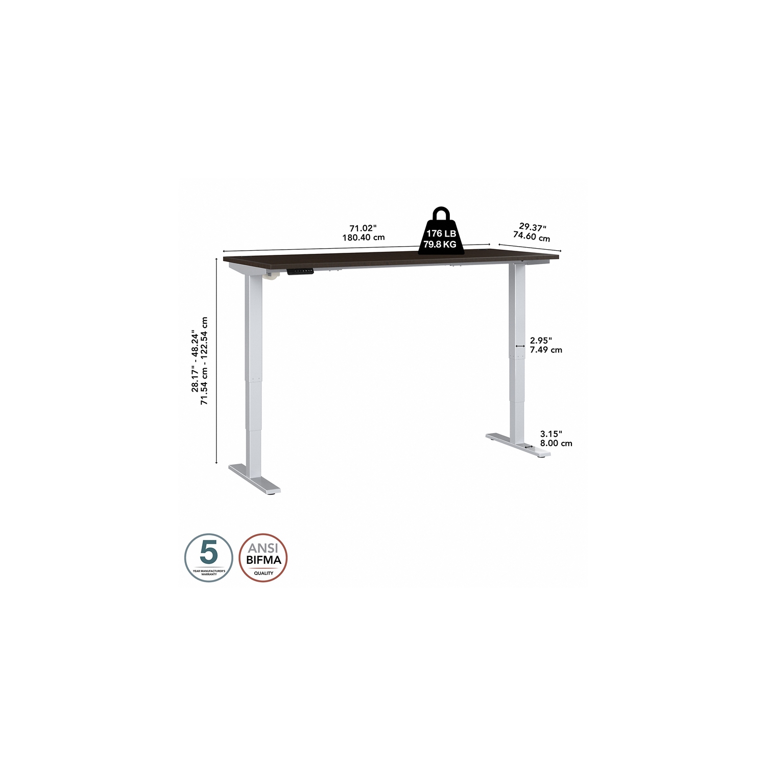 Bureau à hauteur réglable de 72 po de largeur Move 40, cerisier moka - bois d’ingénierie