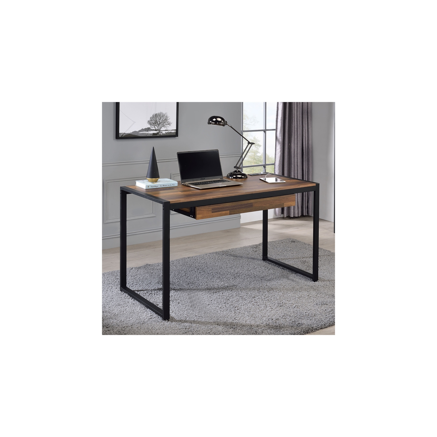 Furniture of America Marra Wood Writing Desk with USB in Sand Black and Natural