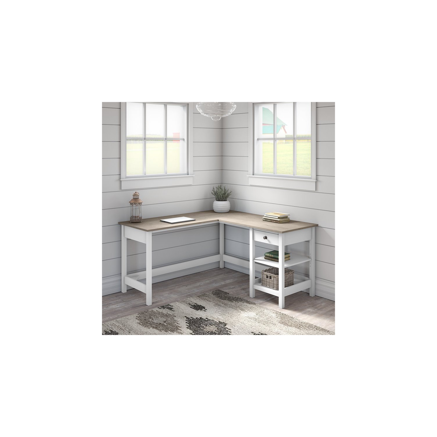 Mayfield 60W L Shaped Computer Desk in Shiplap Gray / White - Engineered Wood