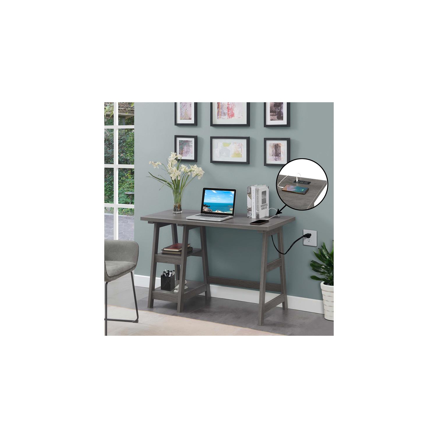 Convenience Concepts Designs2Go Trestle Desk with Charging Station in Gray Wood