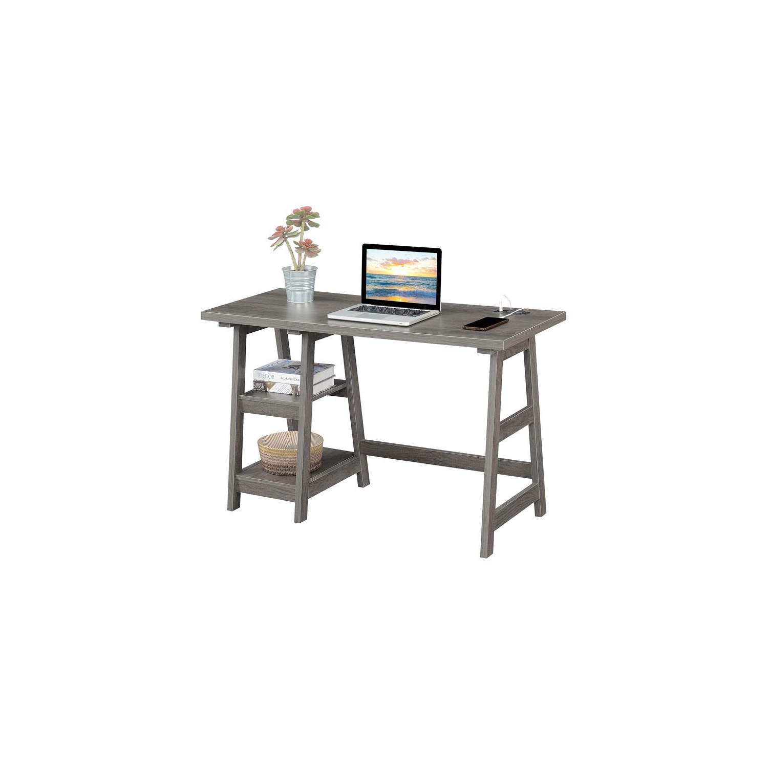 Convenience Concepts Designs2Go Trestle Desk with Charging Station in Gray Wood