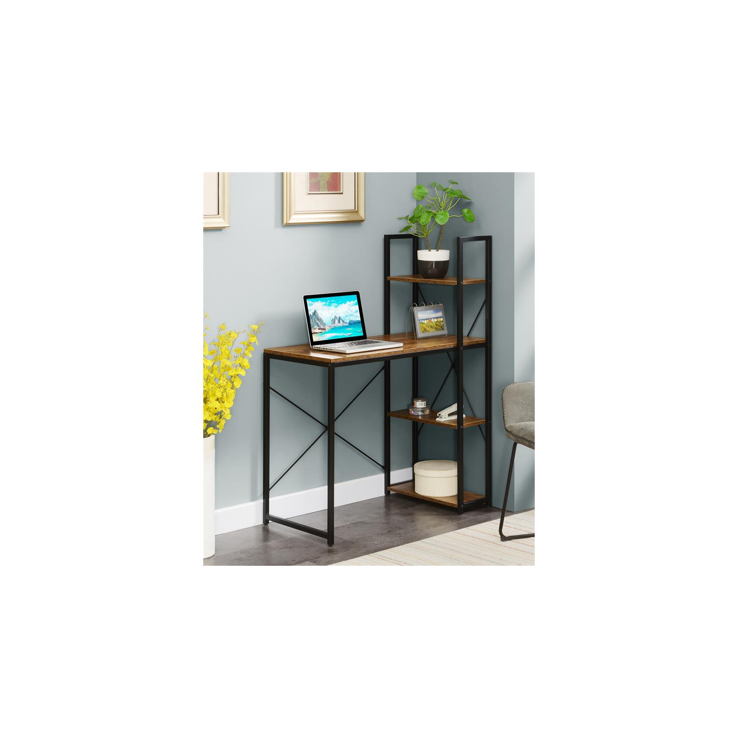 Convenience Concepts Designs2Go Office Workstation with Shelves in Nutmeg Wood