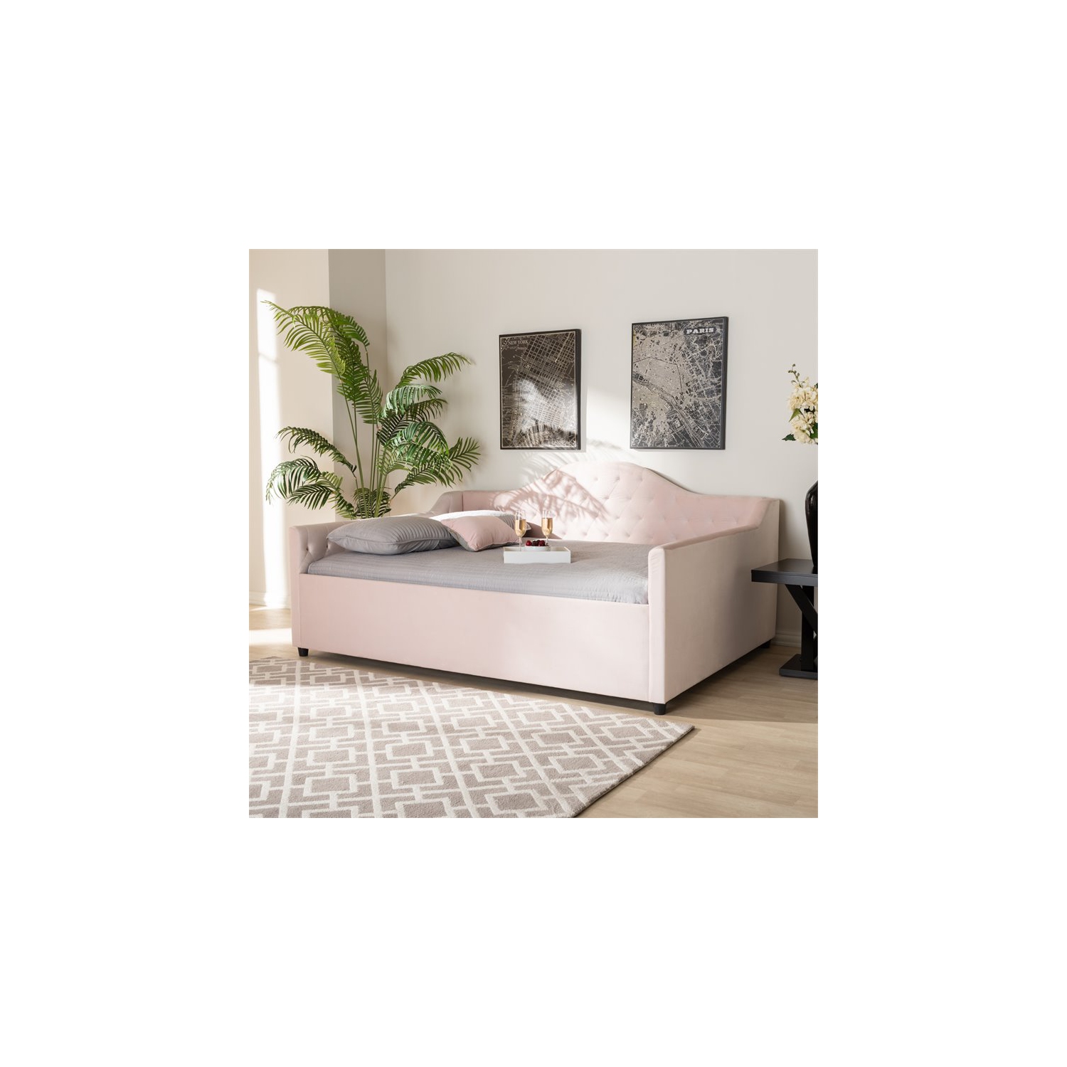 Baxton Studio Perry Contemporary Velvet Upholstered Queen Daybed in Pink